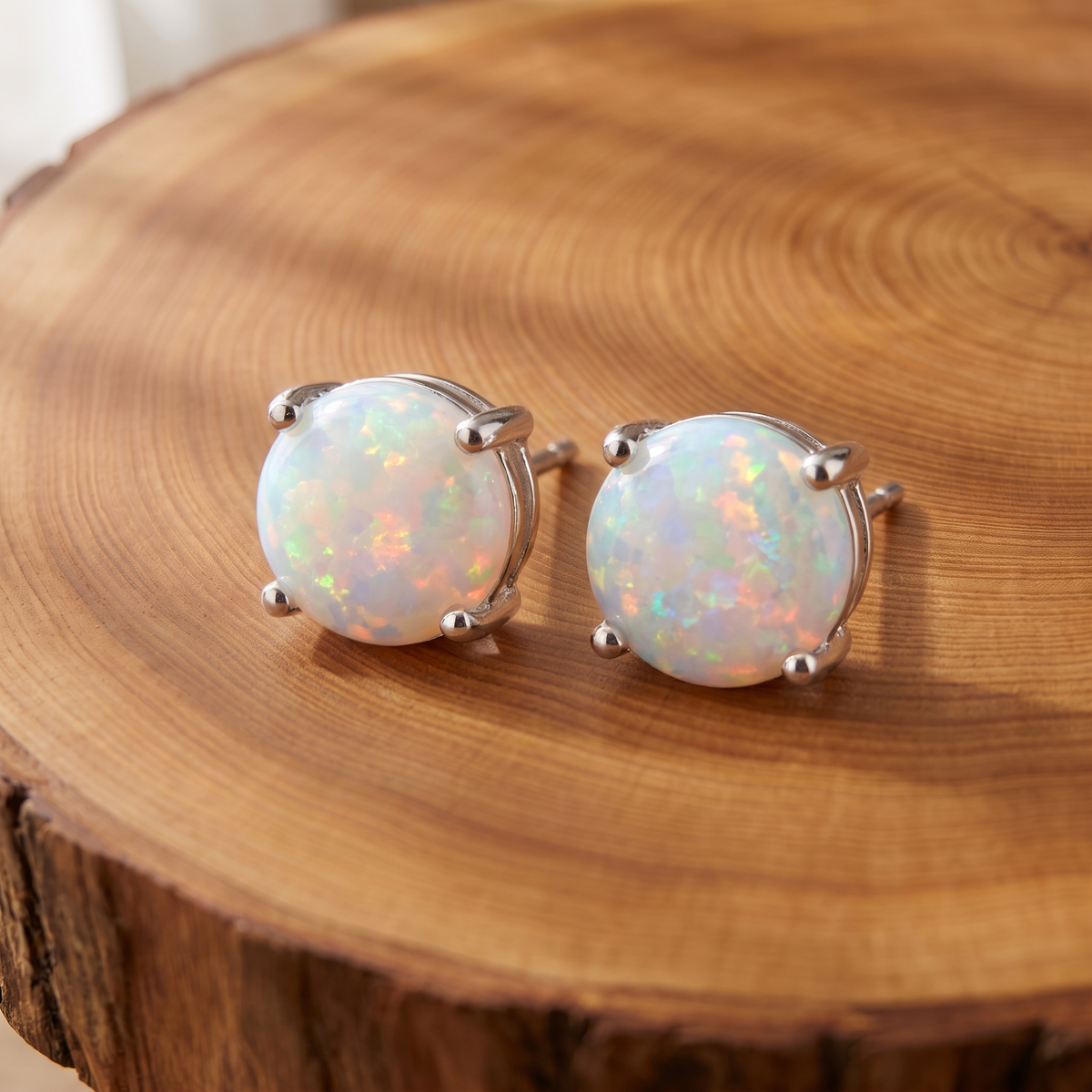 White opal silver stud earrings on a tree-trunk slab