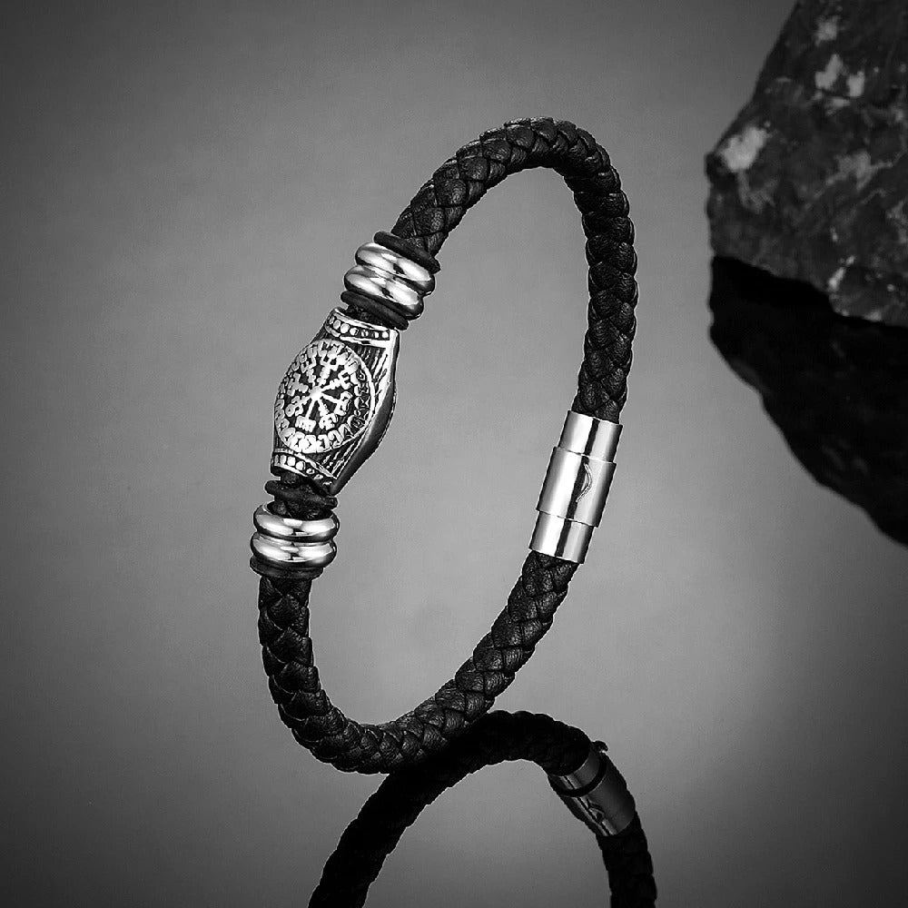 Braided Black Viking Compass Leather Bracelet
