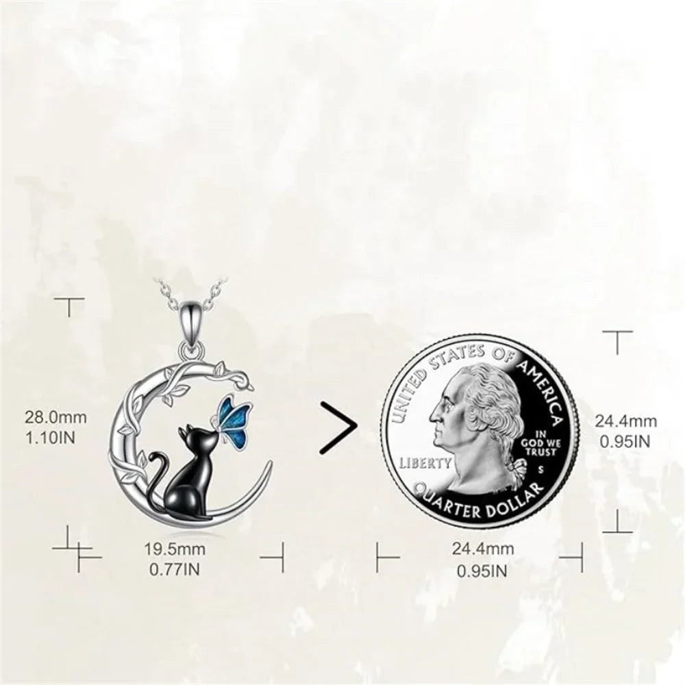 Moon Cat Butterfly Crystal Pendant Necklace