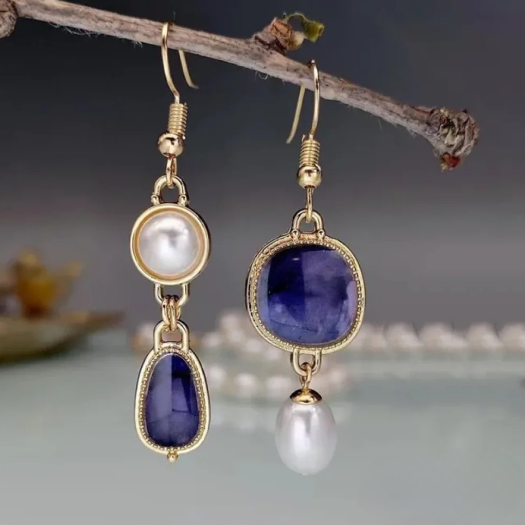 Elegant Earrings with Blue Stones and Pearls