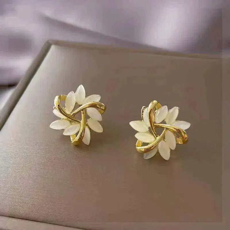 Golden Leaf White Opal Stud Earrings