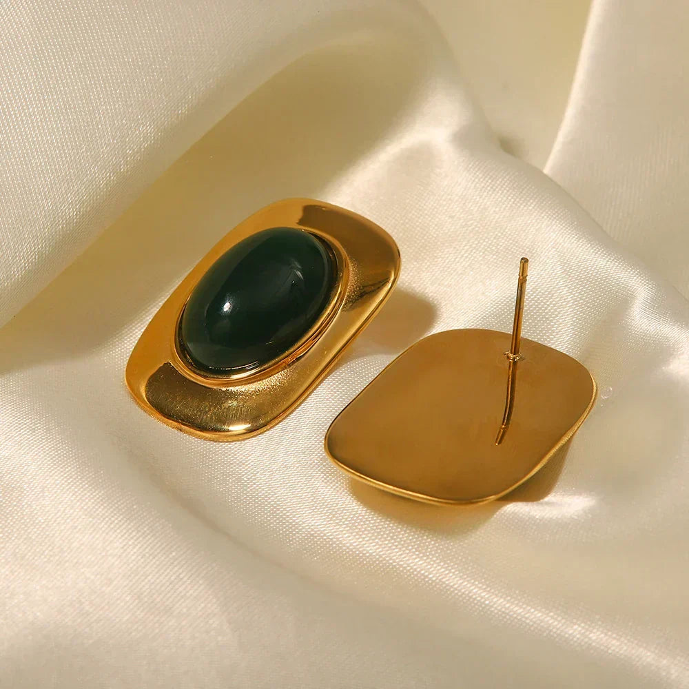 Vintage 18K Gold-Plated Green Opal Oval Earrings