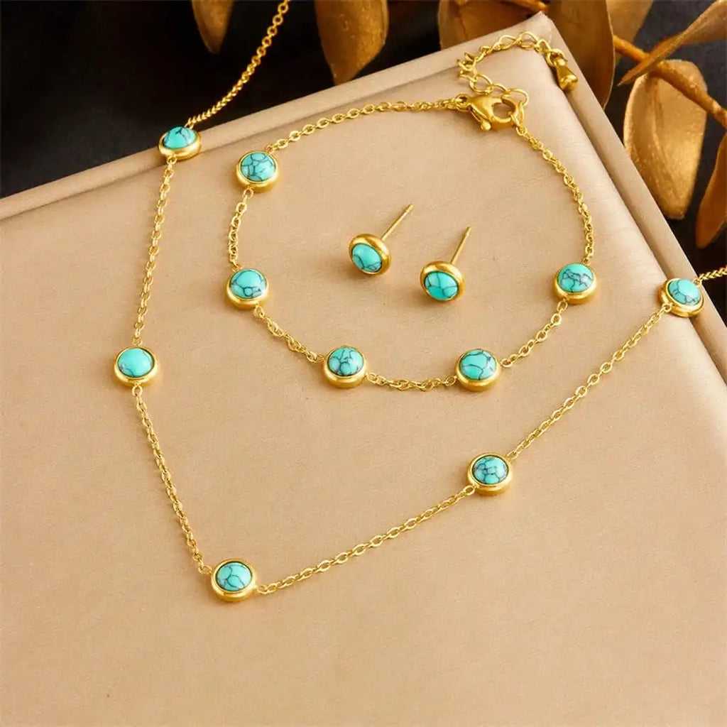 Bohemian Silver Turquoise Necklace, Earrings & Bracelet Set