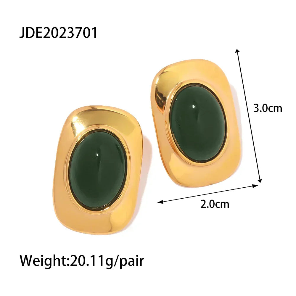 Vintage 18K Gold-Plated Green Opal Oval Earrings
