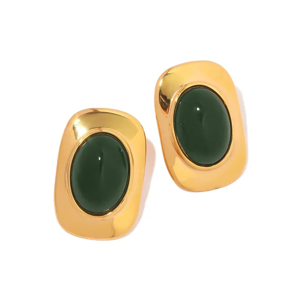 Vintage 18K Gold-Plated Green Opal Oval Earrings