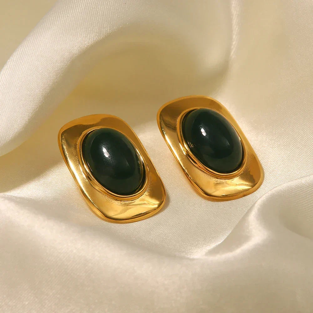 Vintage 18K Gold-Plated Green Opal Oval Earrings