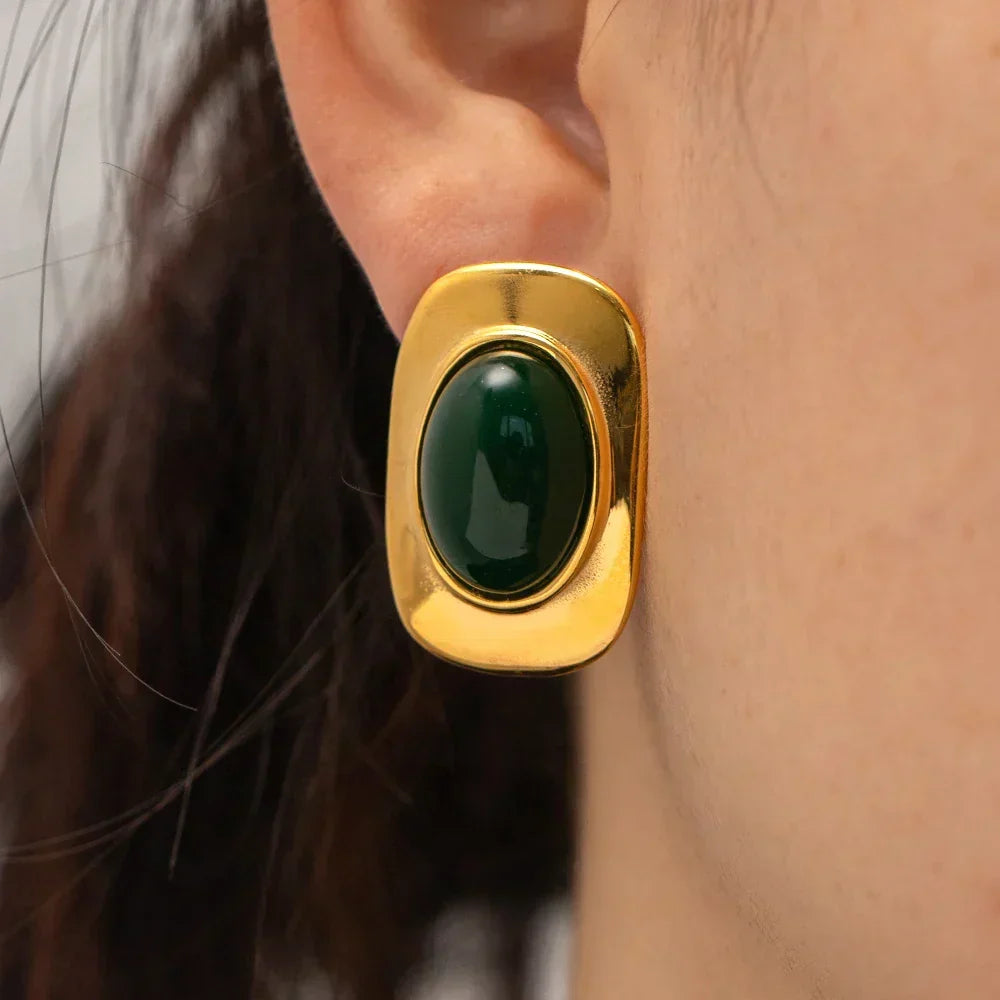Vintage 18K Gold-Plated Green Opal Oval Earrings