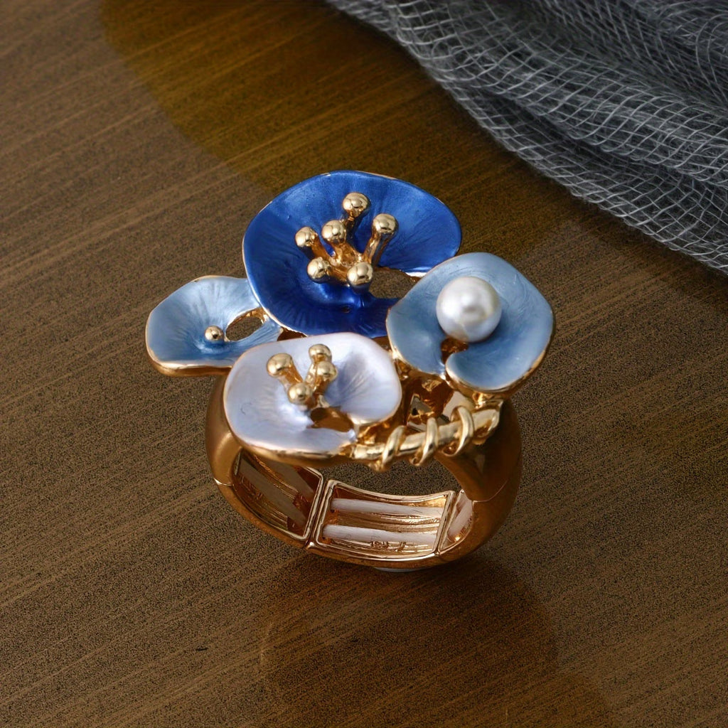 Blue Floral Pearl Adjustable statment Ring