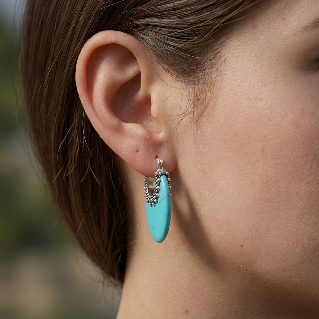 Silver Turquoise Stone Hoop Earrings