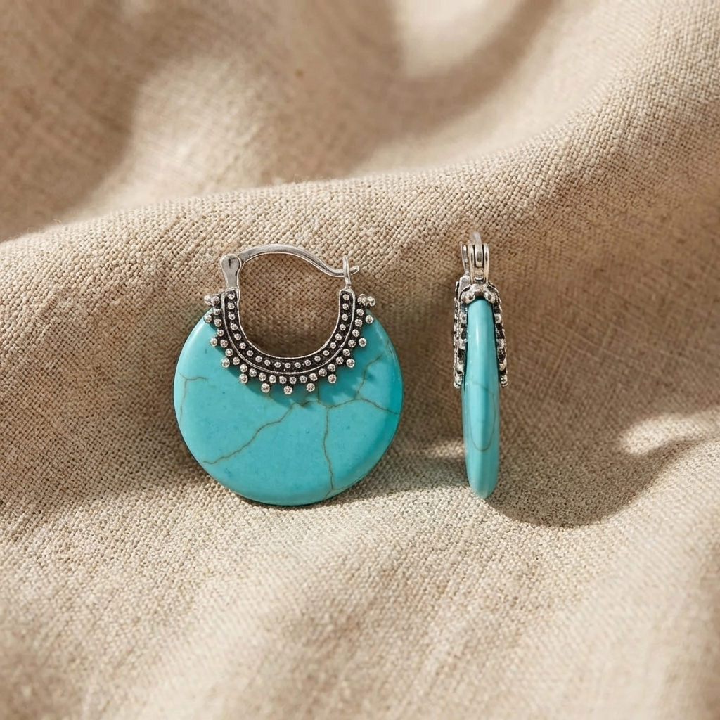 Silver Turquoise Stone Hoop Earrings