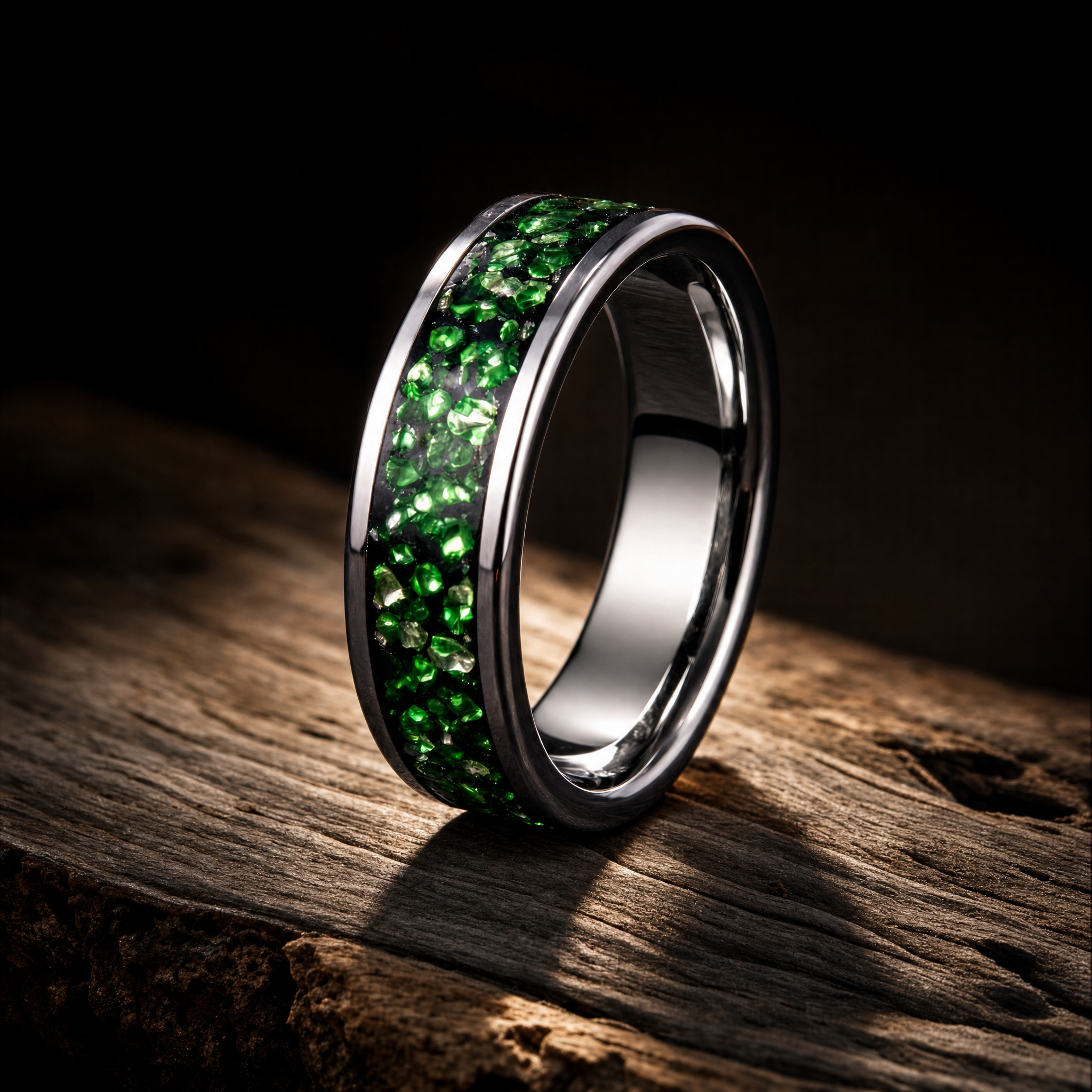 Emerald inlay in tungsten carbide ring