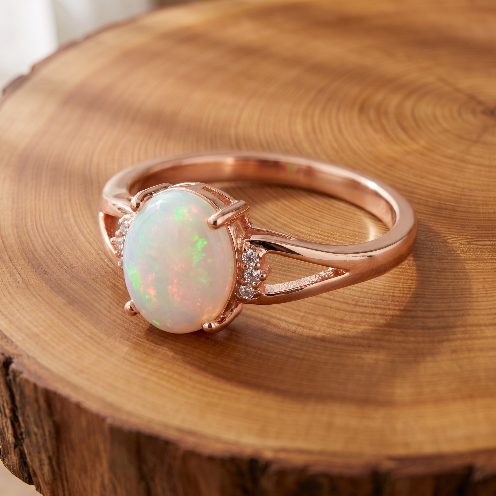 White opal rose gold ring, large three-quarter view on a tree-trunk slab