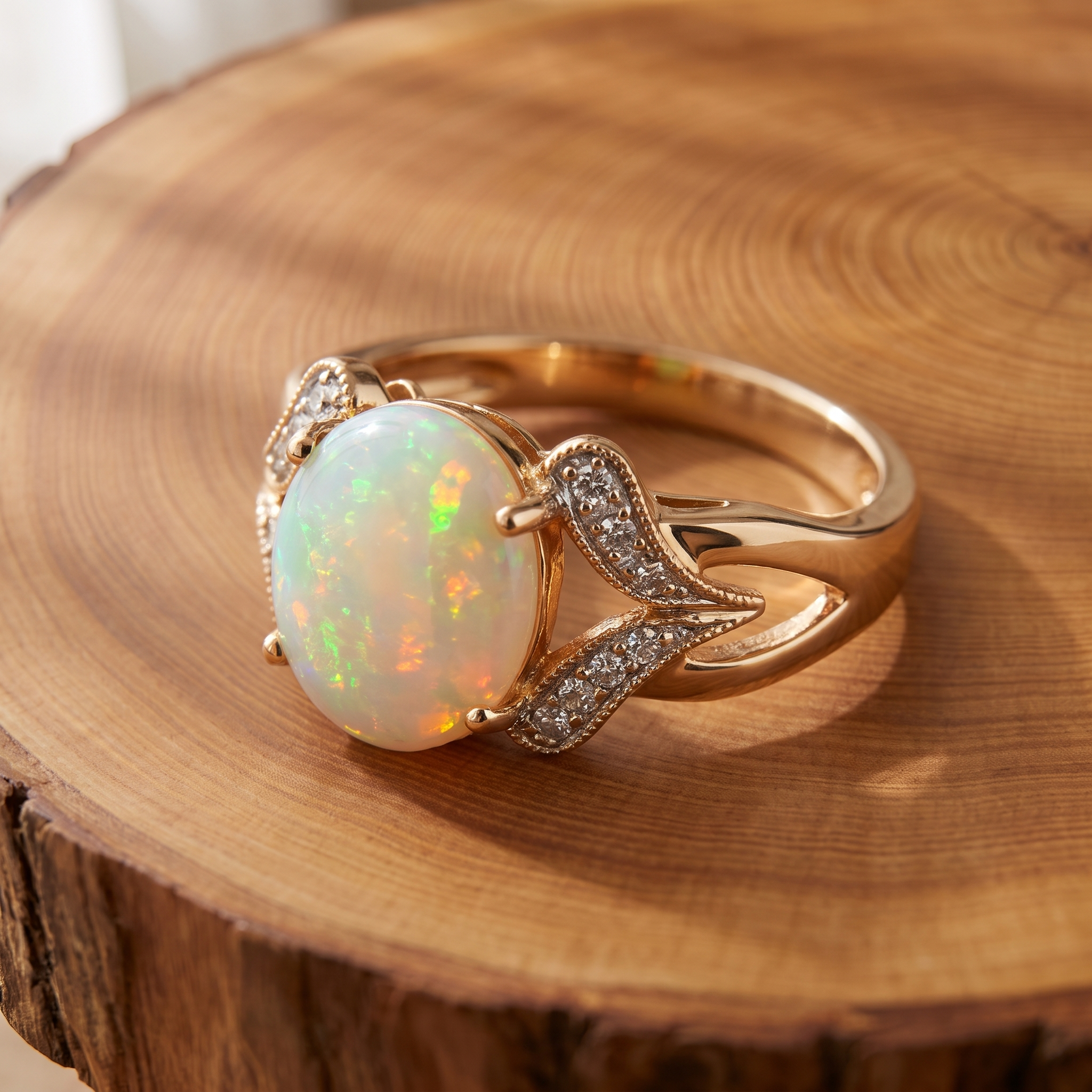 Vintage white opal gold ring on a tree-trunk slab