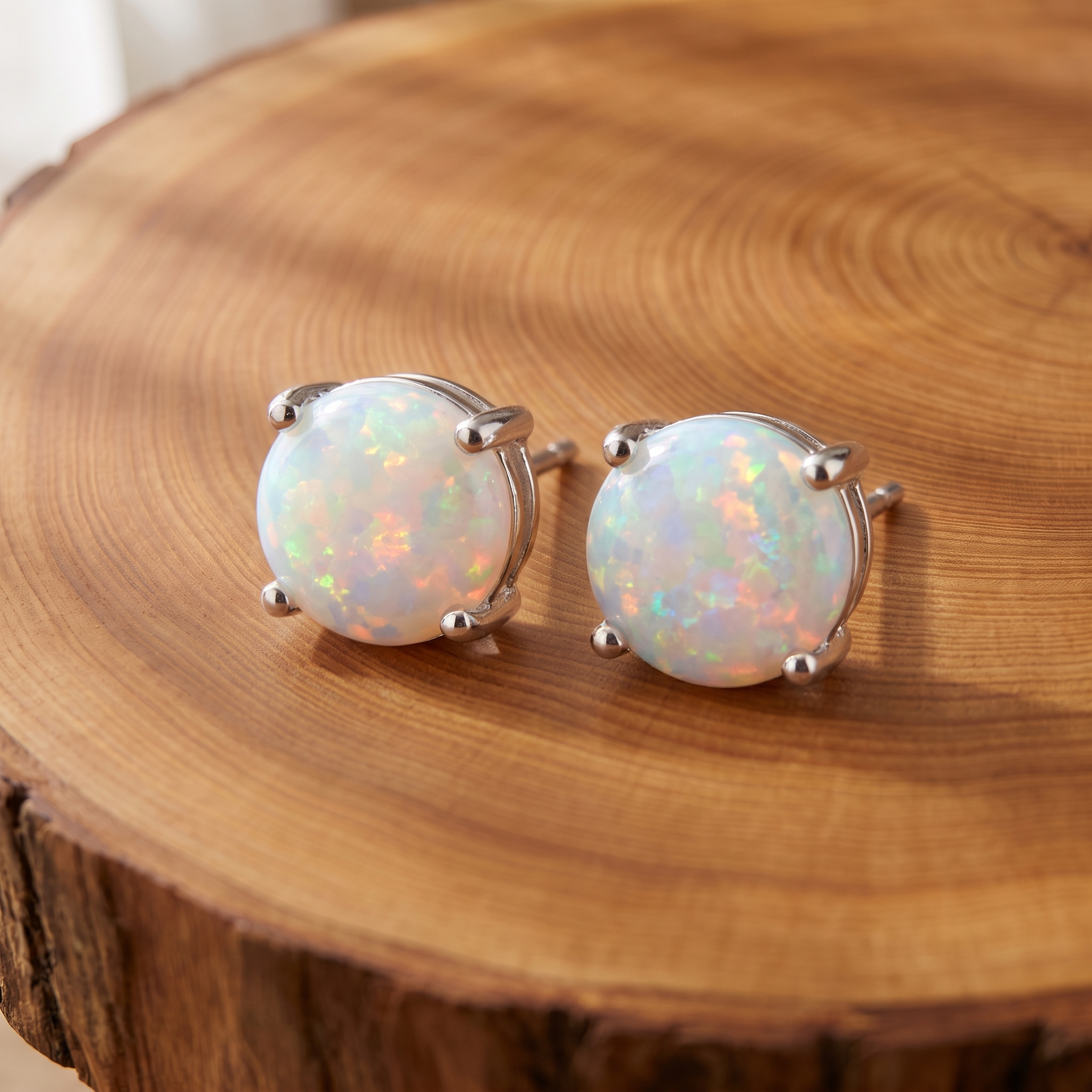 White opal silver stud earrings on a tree-trunk slab