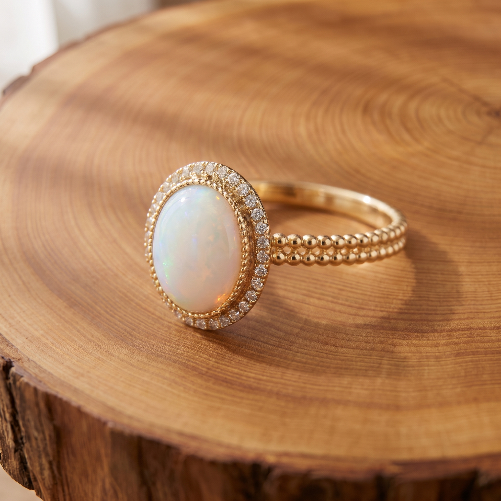 White opal halo gold ring on a tree-trunk slab