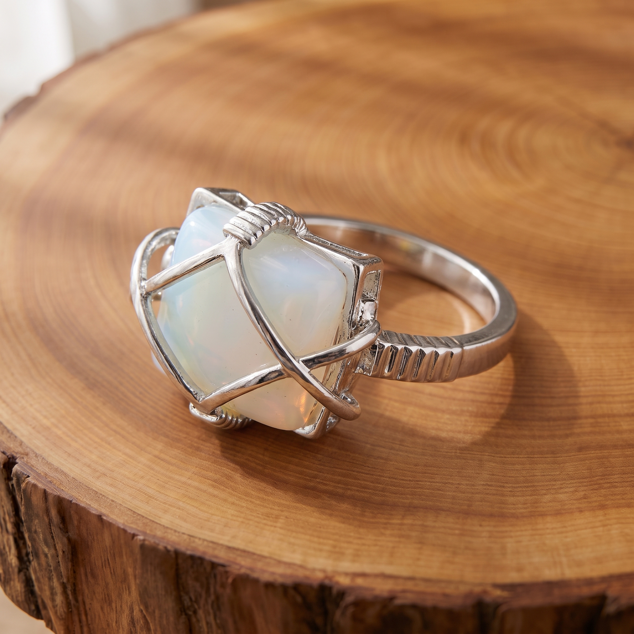 White opal wire-wrapped silver ring on a tree-trunk slab