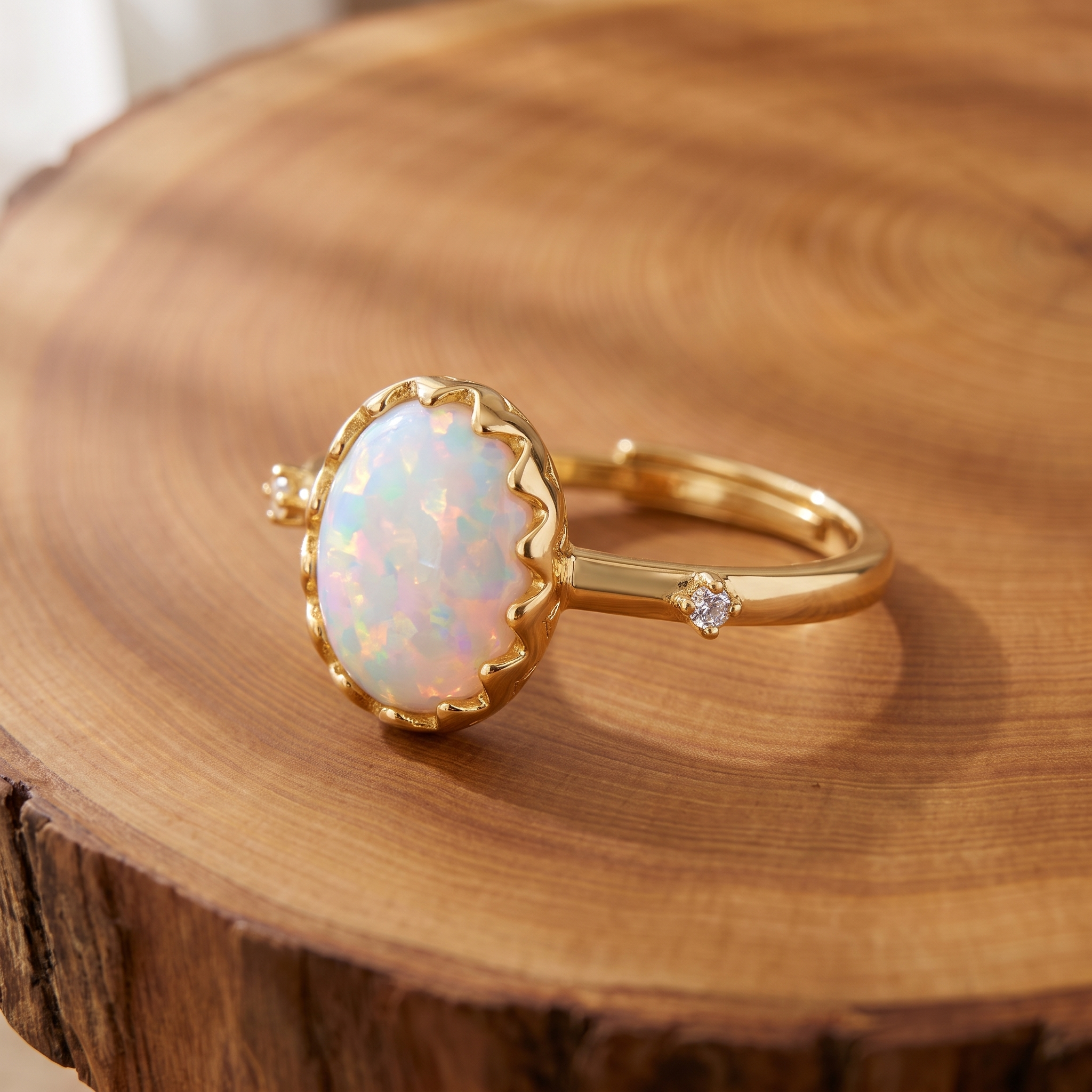White opal dainty gold ring on a tree-trunk slab