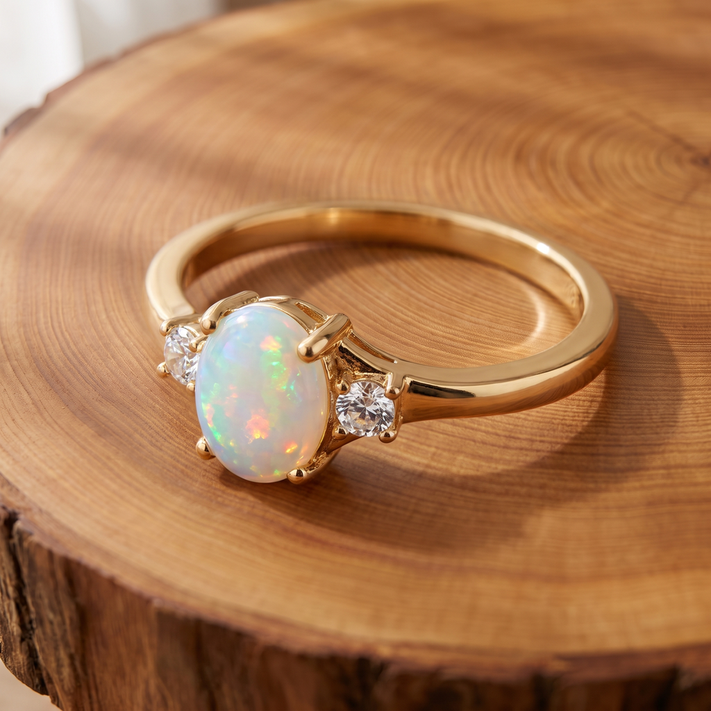 White opal three-stone gold ring on a tree-trunk slab