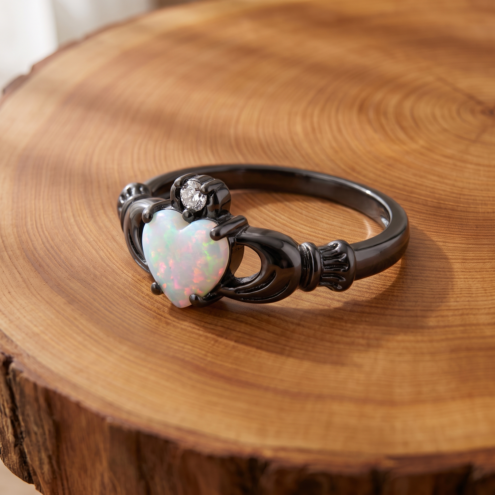 White opal Claddagh black gold ring on a tree-trunk slab