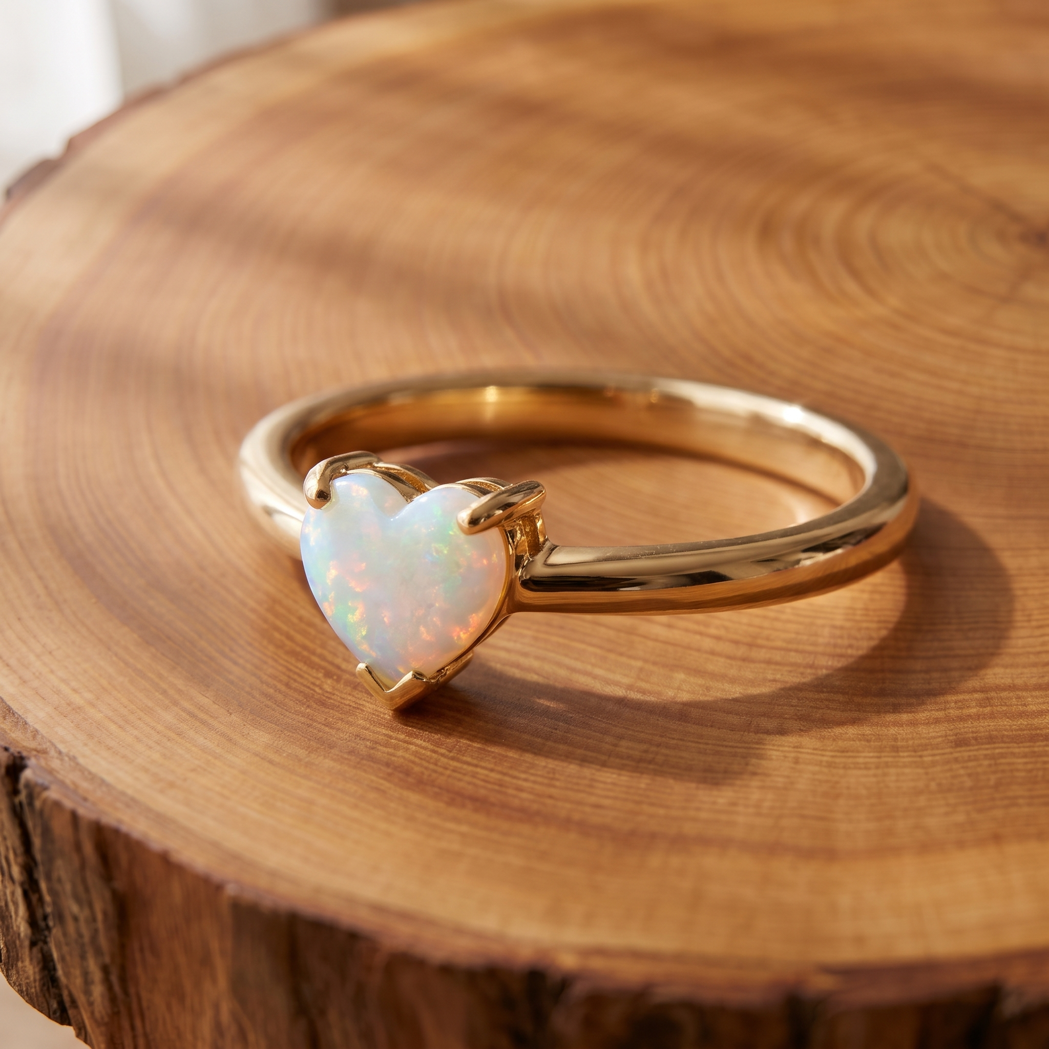 White opal heart gold ring on a tree-trunk slab