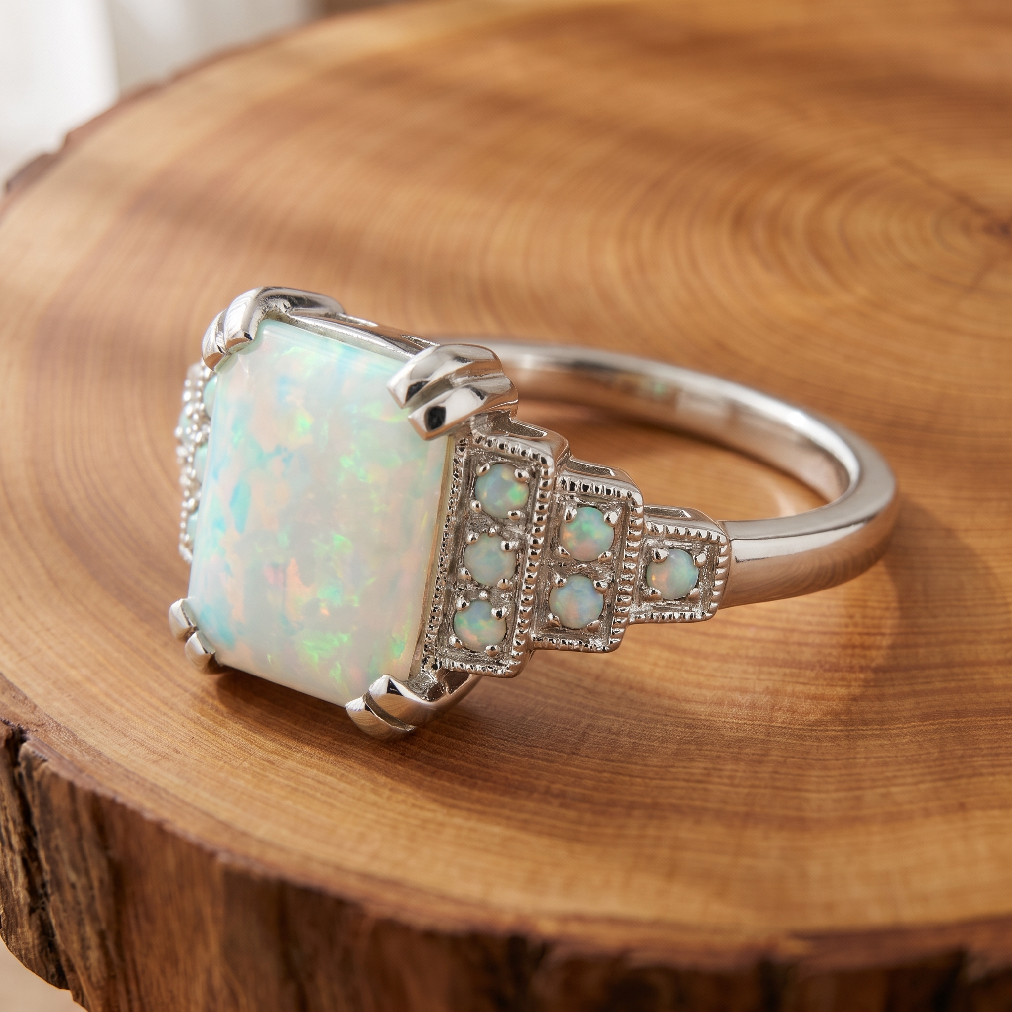 White opal Art Deco silver ring on a tree-trunk slab