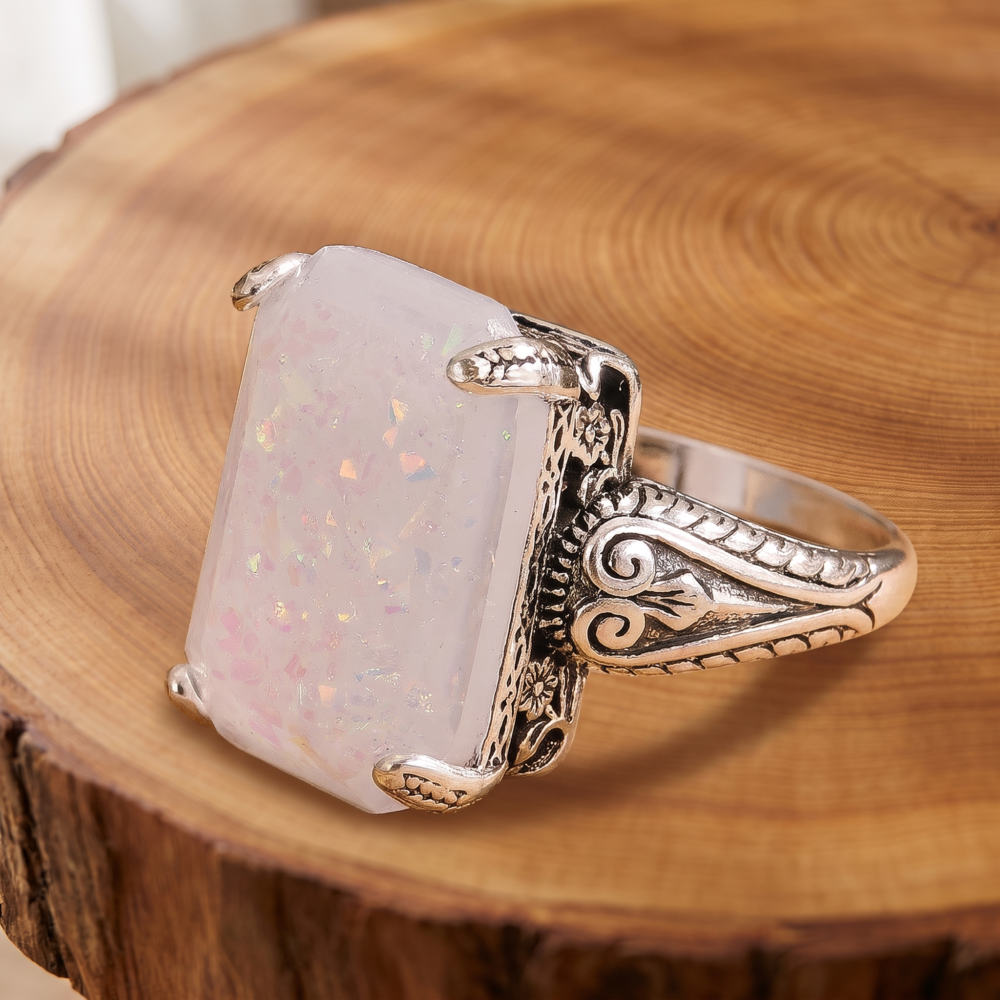 White opal antique silver ring on a tree-trunk slab