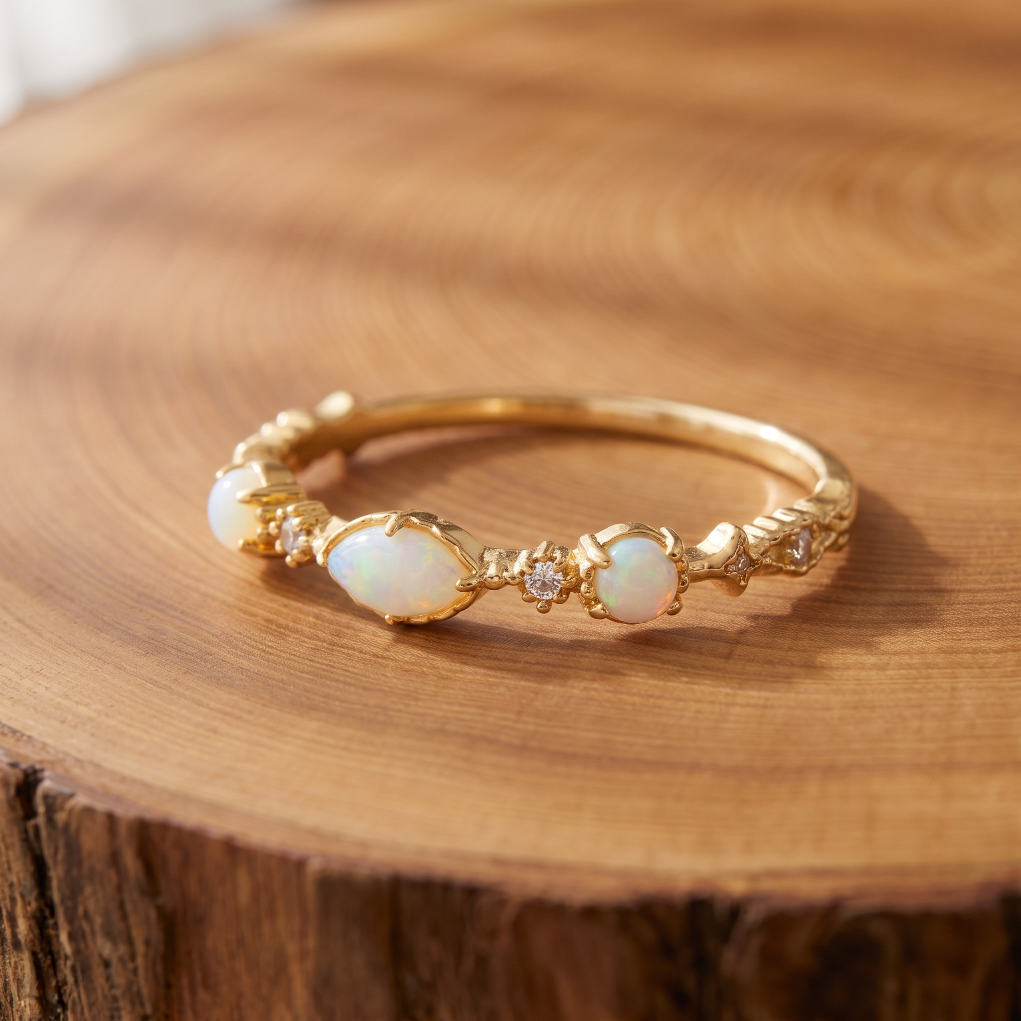 White opal marquise gold ring on a tree-trunk slab