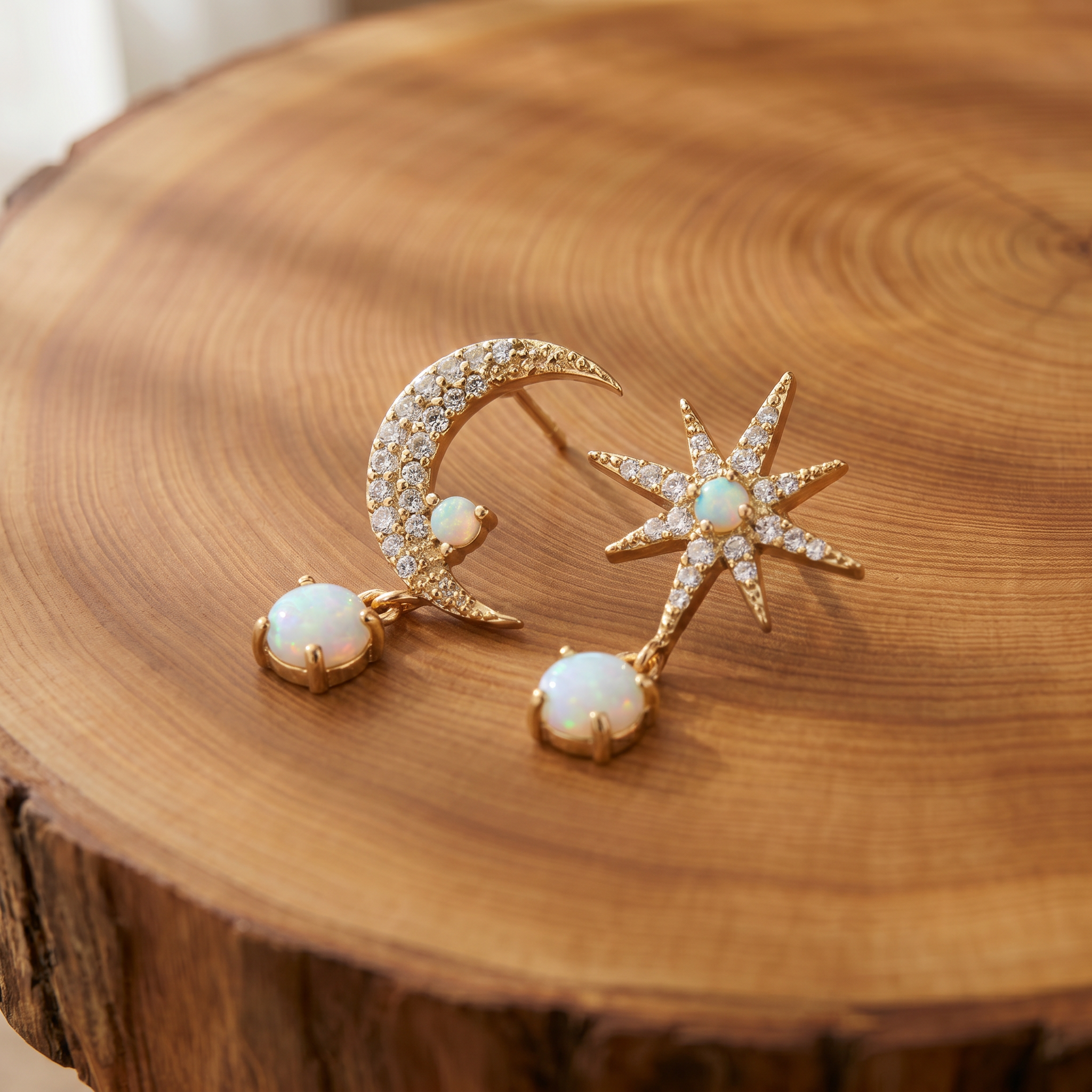 Gold opal moon and star mismatched drop earrings on a tree trunk slab
