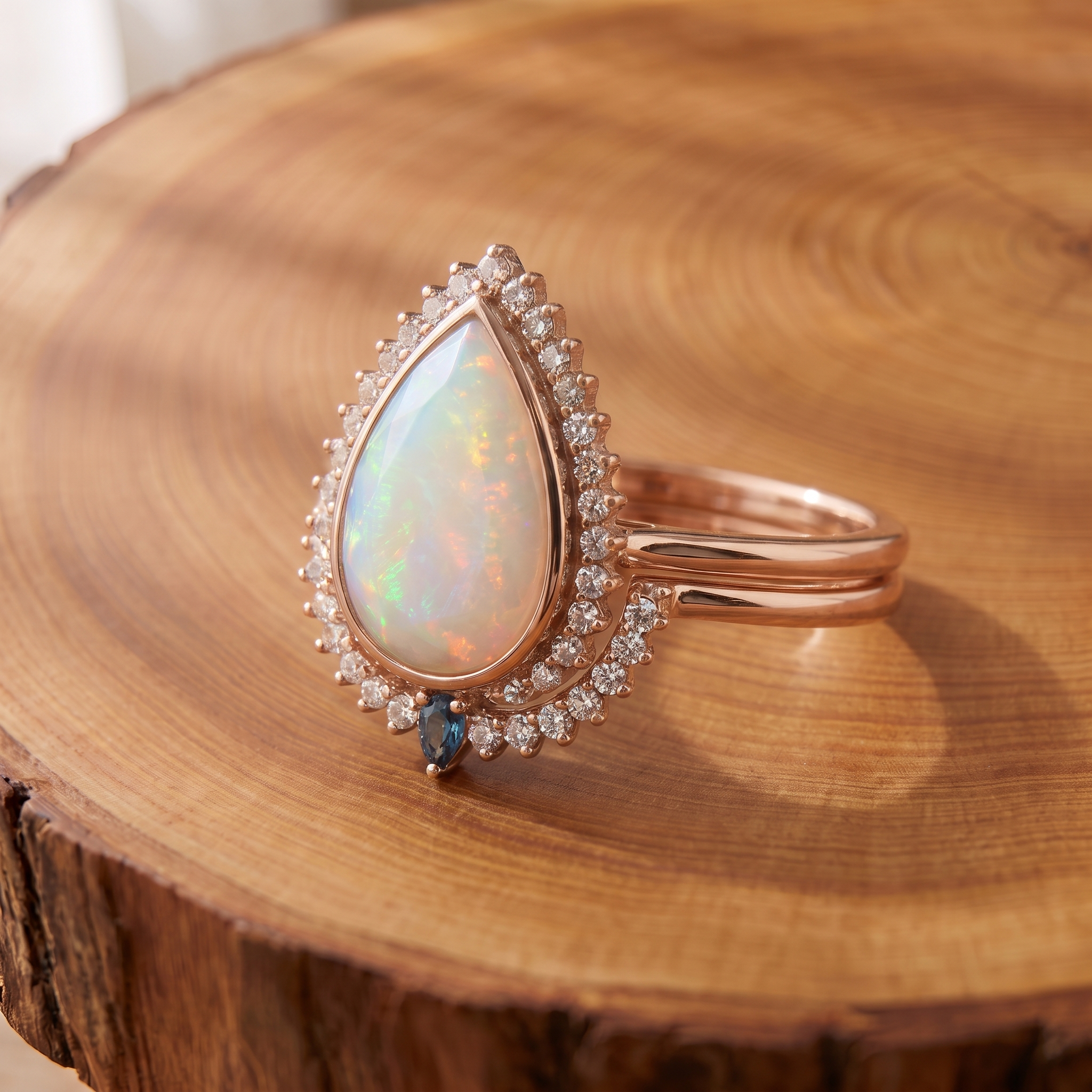 White Opal Teardrop Rose Gold Ring