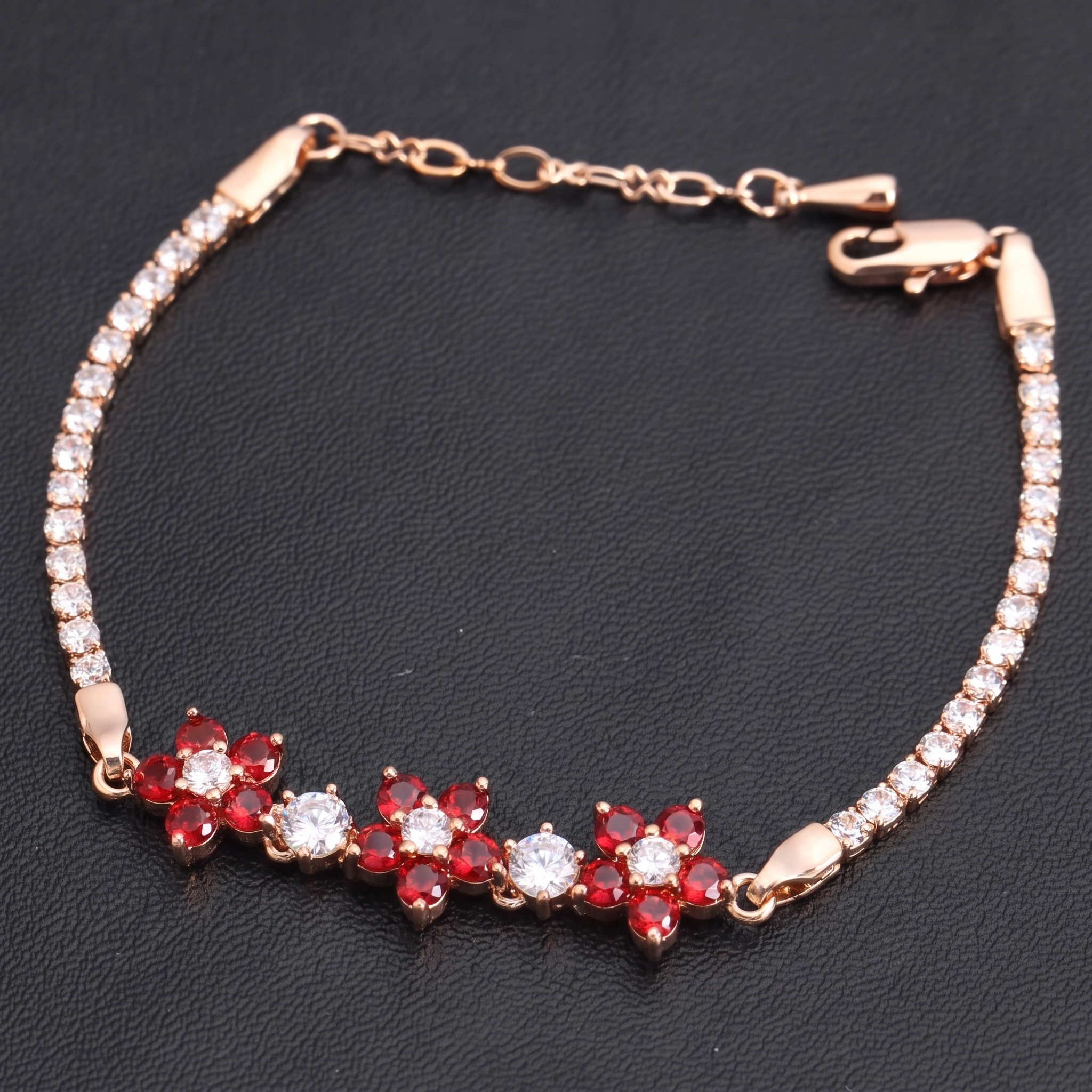Retro Rose Gold & Three Red Crystal Flower Bracelet