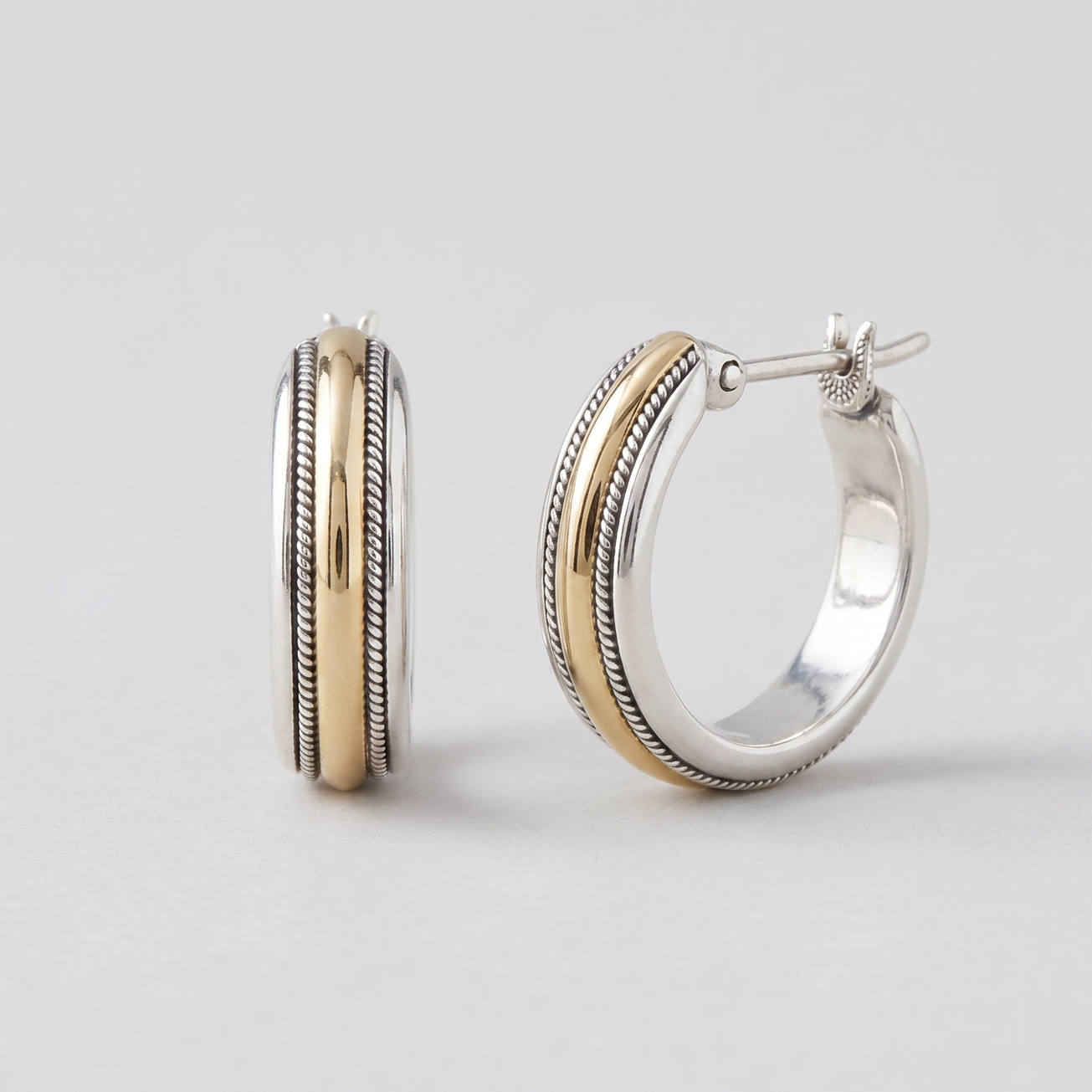 Vintage Golden Line Silver Hoop Earrings