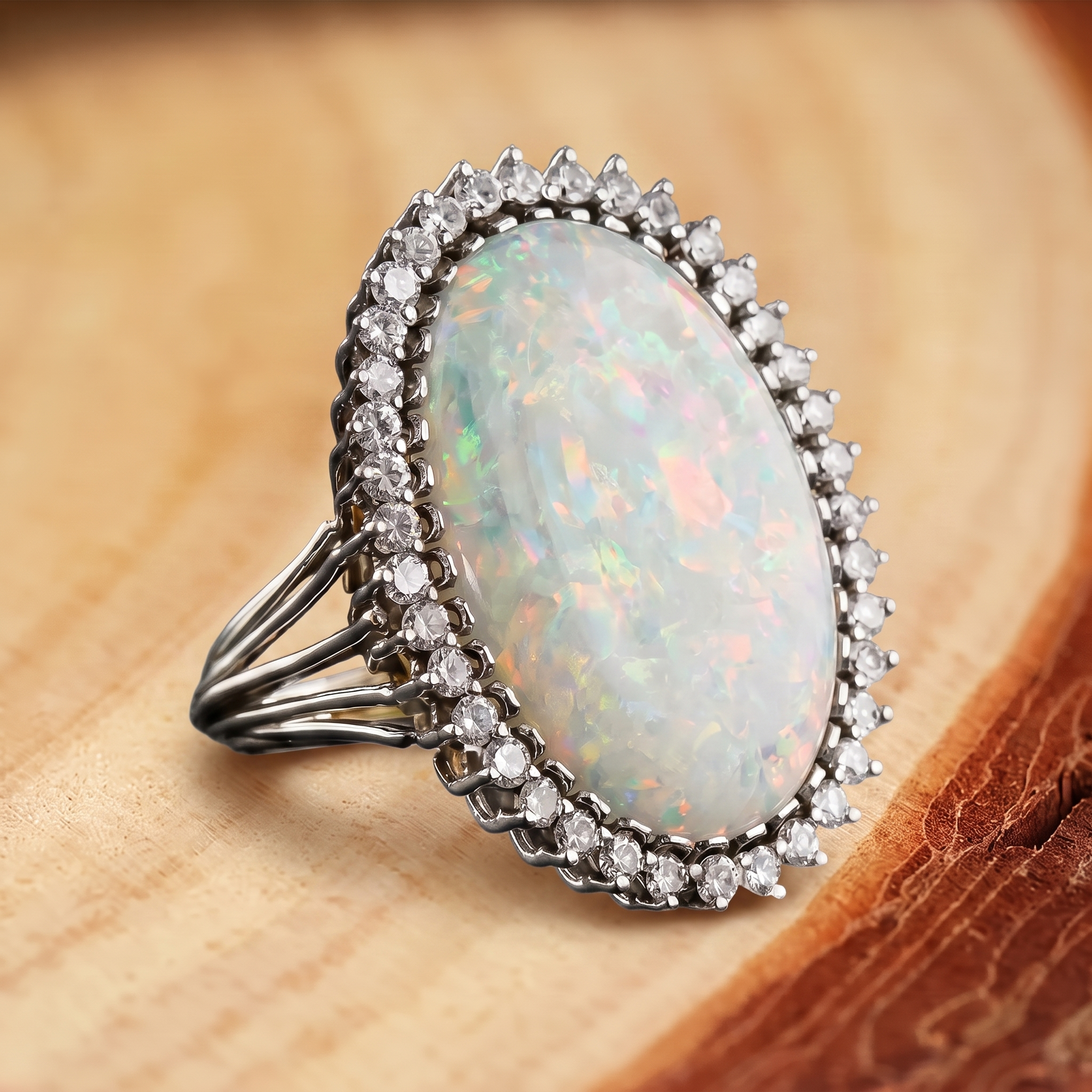 Grand White Opal Halo Ring on a tree-trunk slab