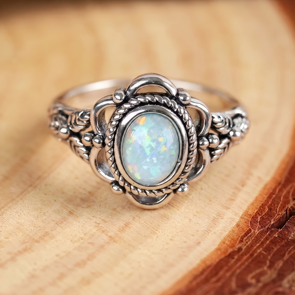 Vintage Silver and Opal Floral Ring on a tree-trunk slab