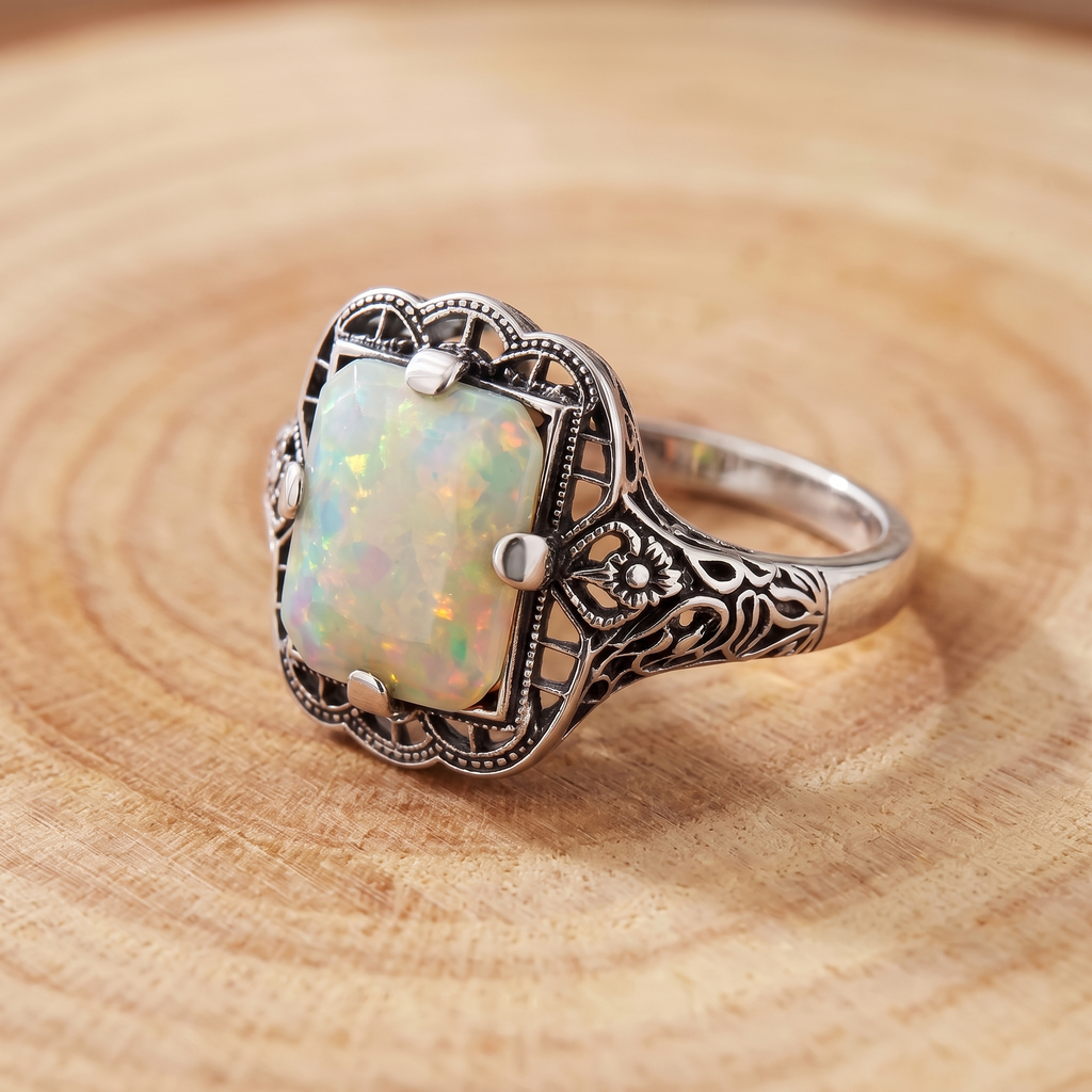White Opal Filigree Silver Ring on a tree-trunk slab