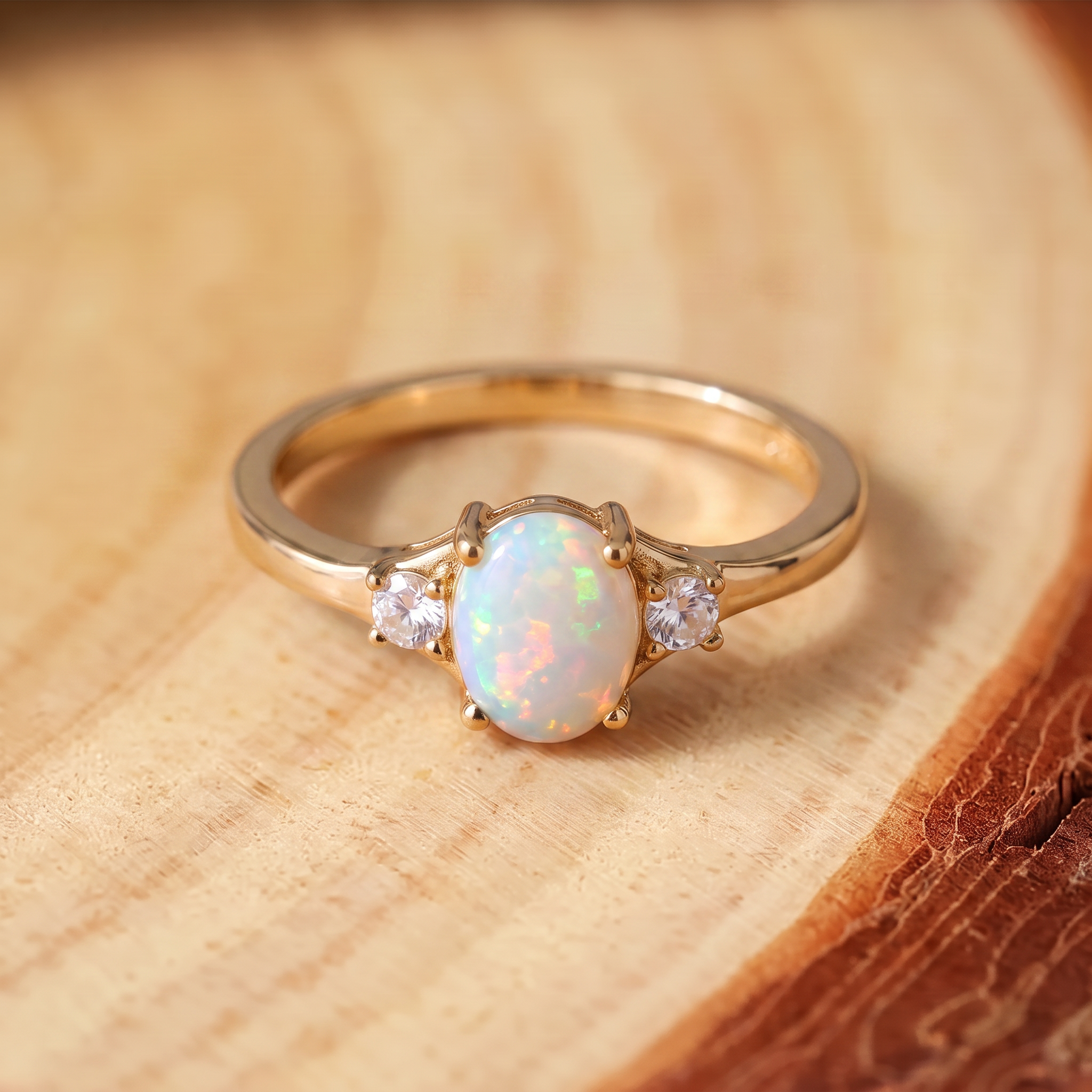 White Opal Three-Stone Gold Ring on a tree-trunk slab