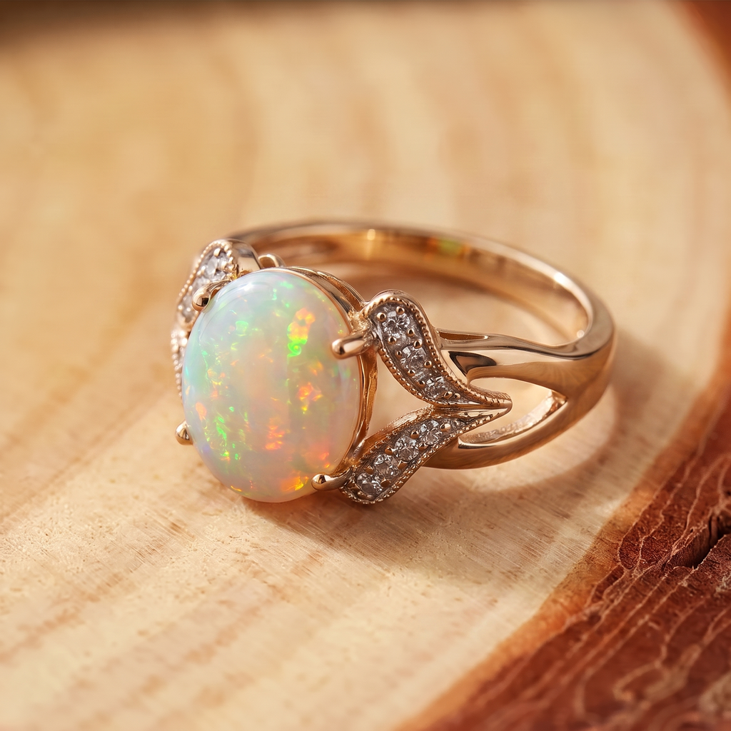 Vintage White Opal Gold Ring on a tree-trunk slab