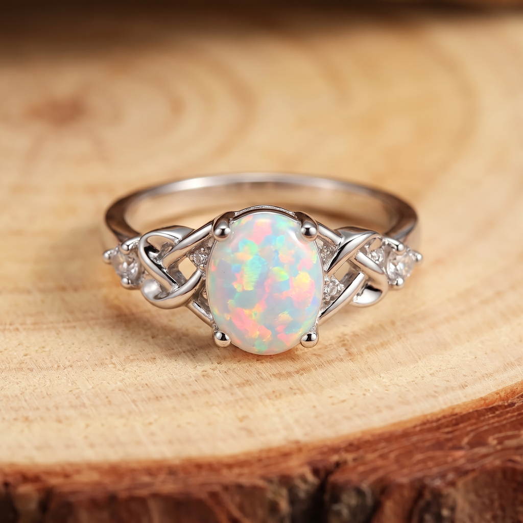 White Opal Celtic Knot Silver Ring on a tree-trunk slab