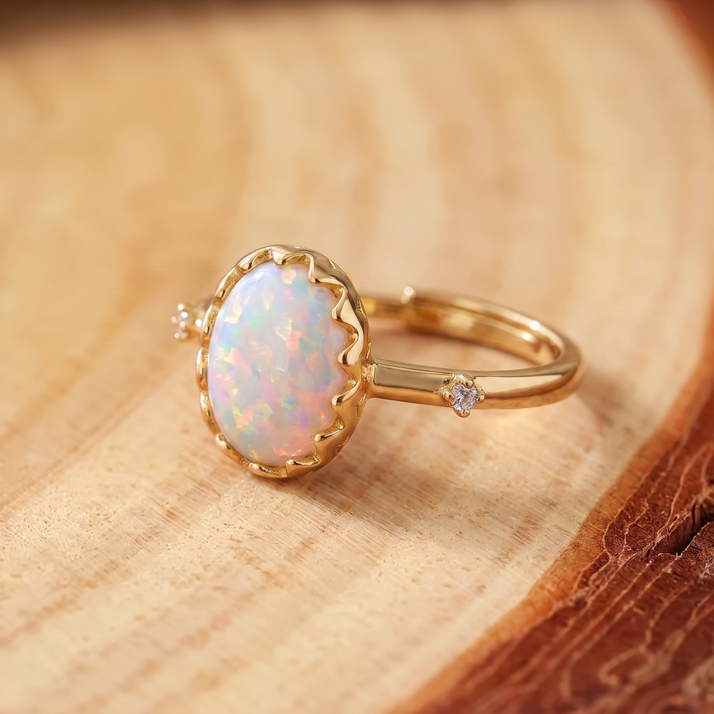 White Opal Dainty Gold Ring on a tree-trunk slab