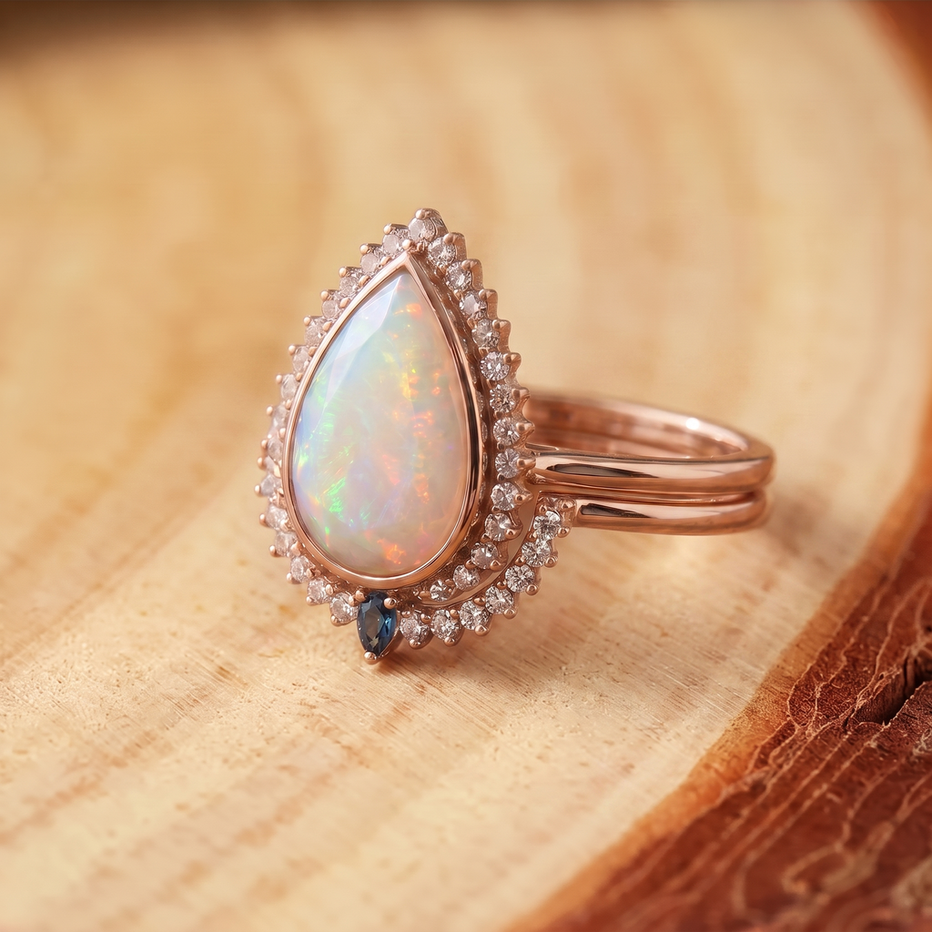 White Opal Teardrop Rose Gold Ring on a tree-trunk slab