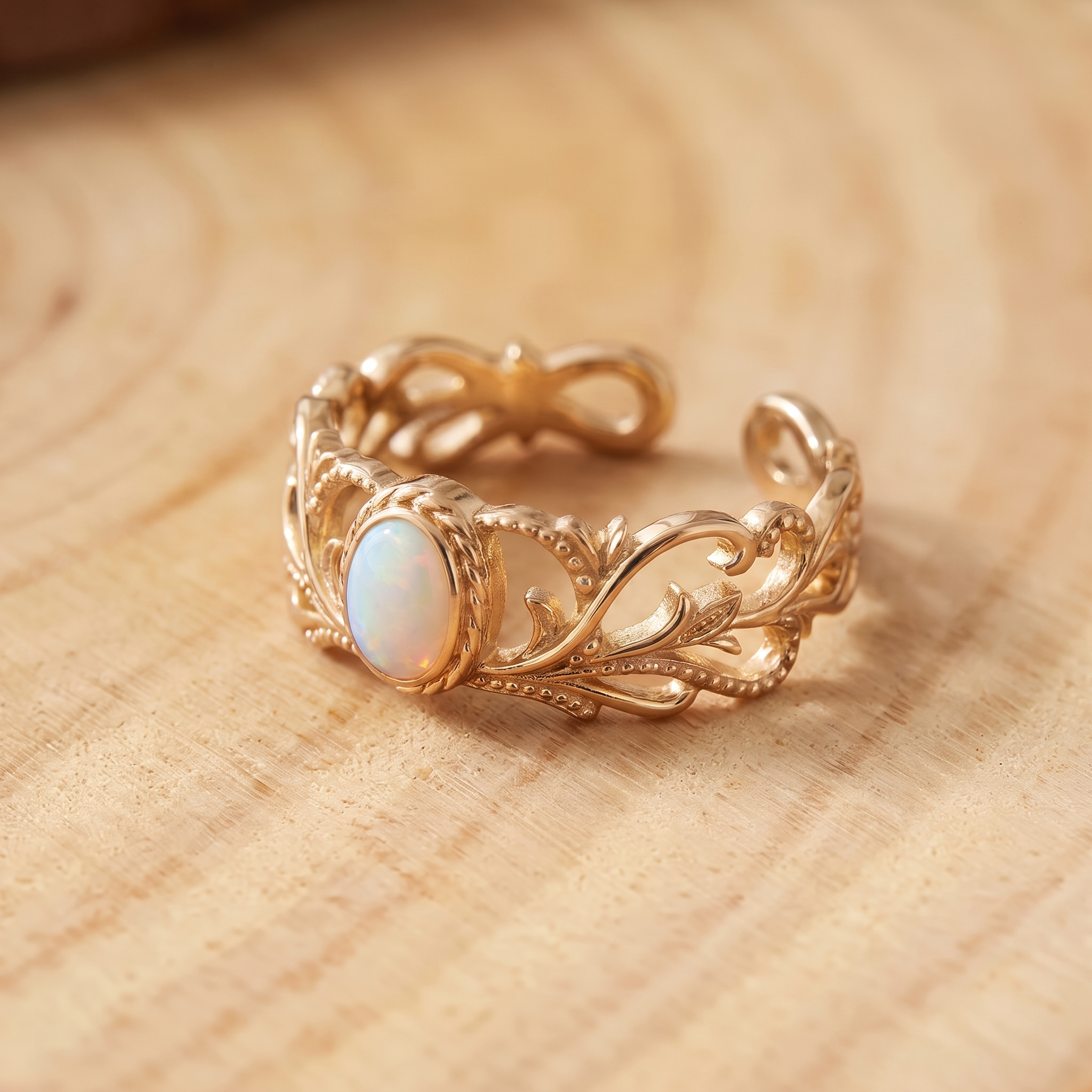 White Opal Leaf Gold Ring on a tree-trunk slab