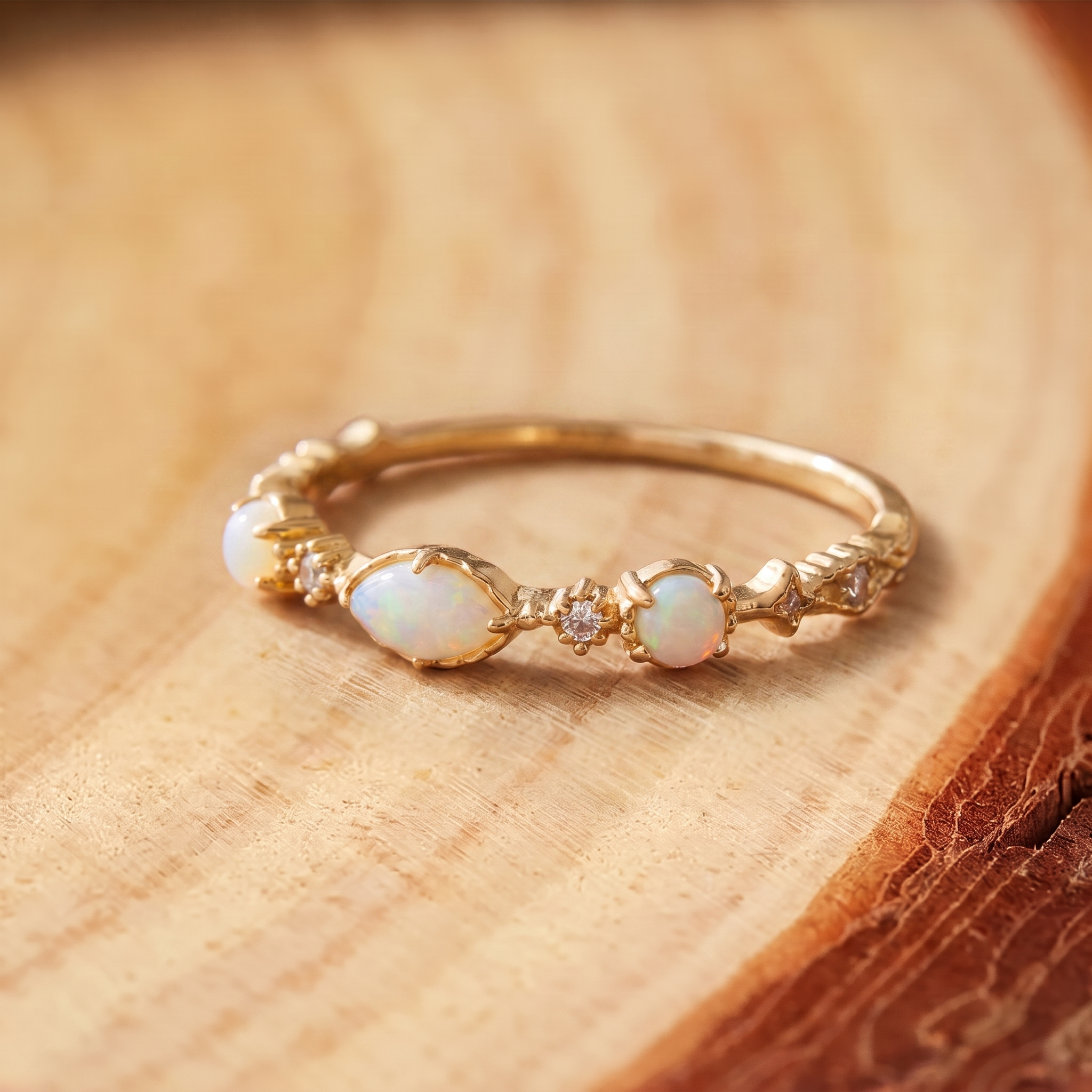 White Opal Marquise Gold Ring on a tree-trunk slab