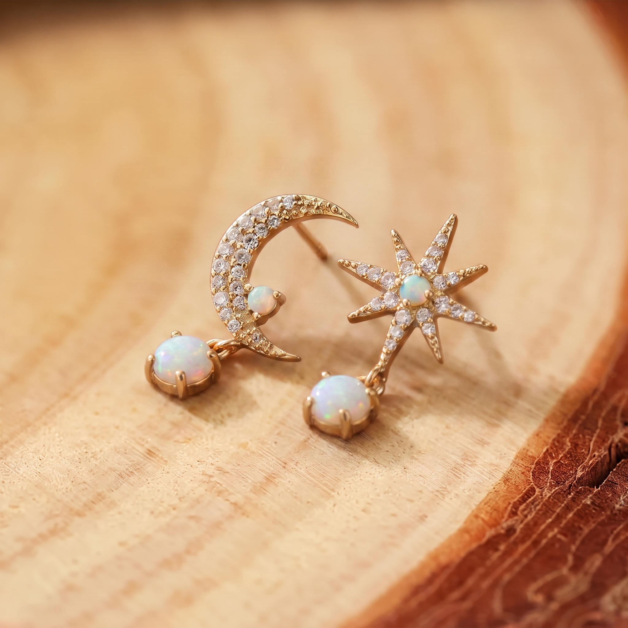 Opal Moon and Star Mismatched Earrings on a tree-trunk slab