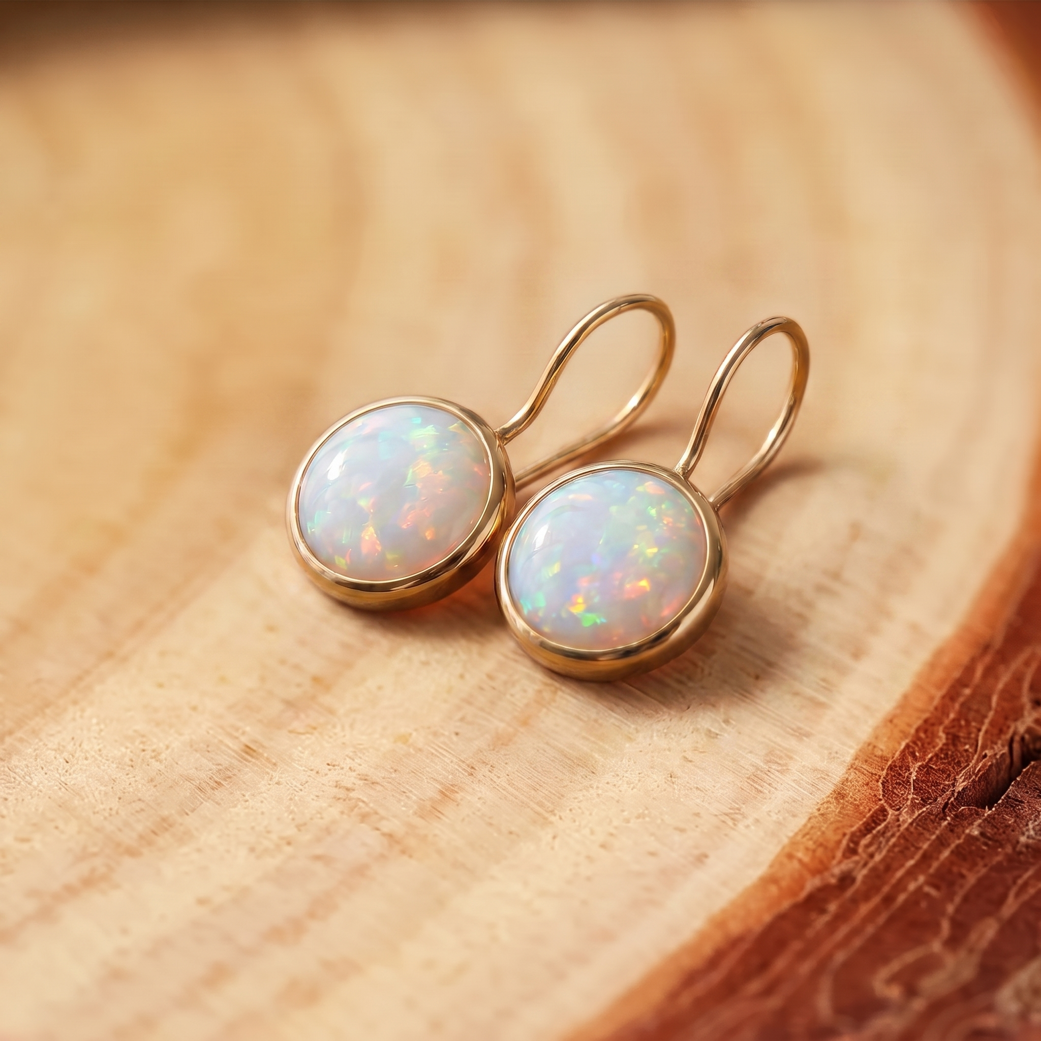 Golden Fire Opal Halo Drop Earrings on a tree-trunk slab