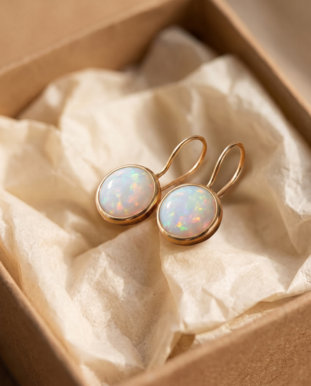 Golden Fire Opal Halo Drop Earrings in a kraft gift box