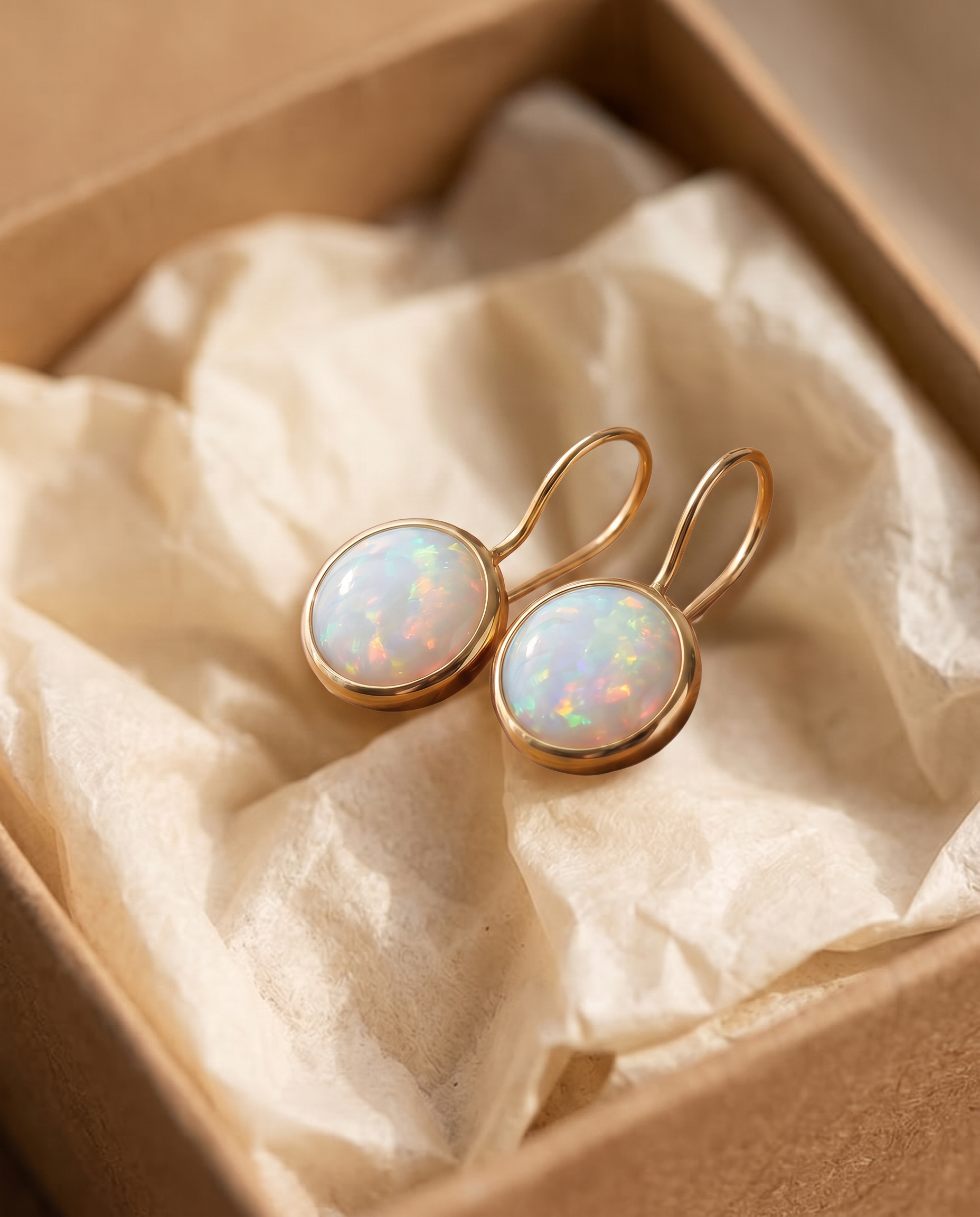 Golden Fire Opal Halo Drop Earrings in a kraft gift box