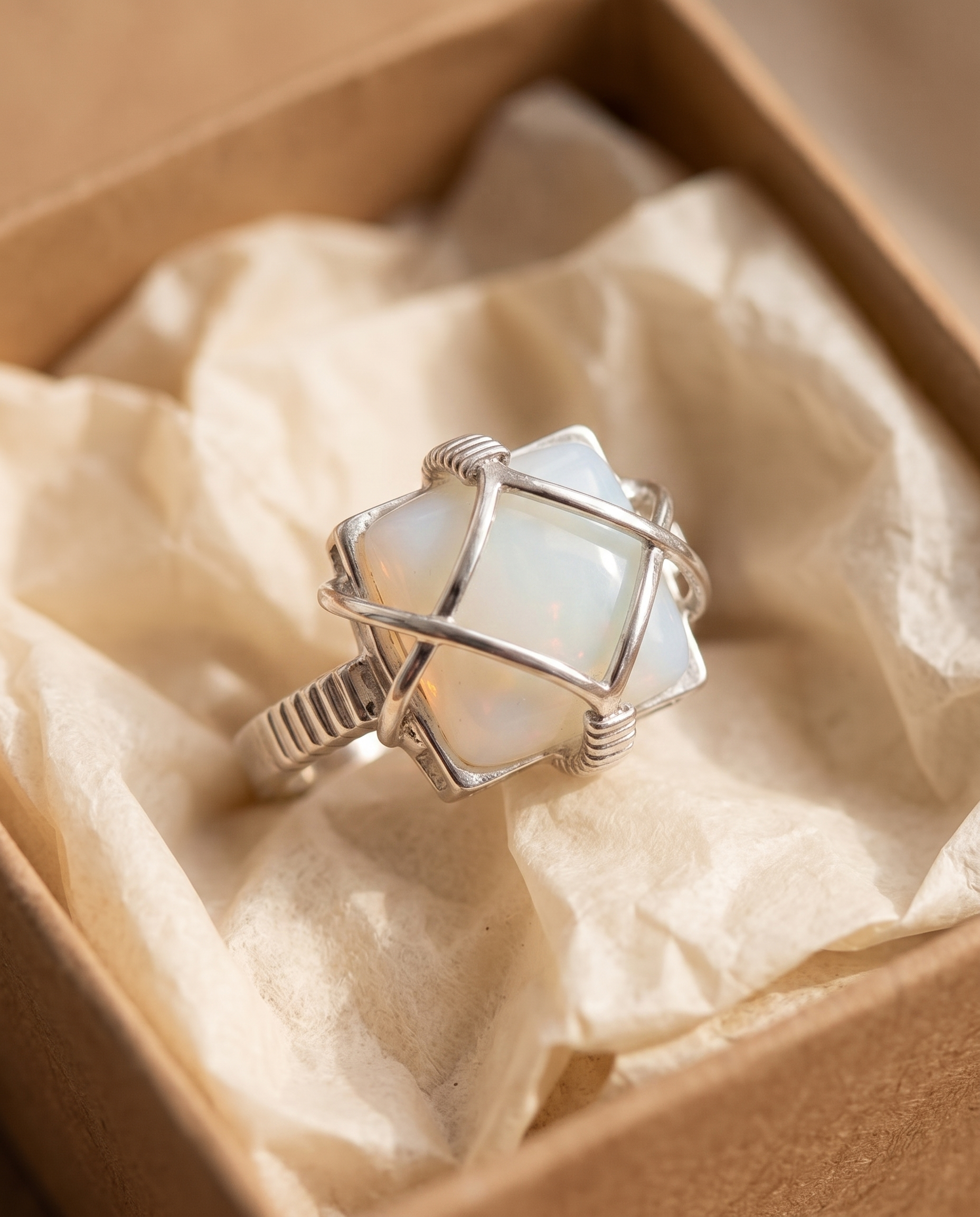 White Opal Wire-Wrapped Silver Ring in a kraft gift box