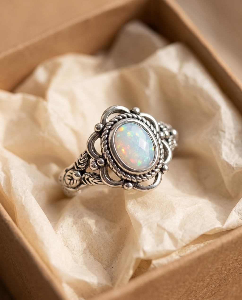 Vintage Silver and Opal Floral Ring in a kraft gift box