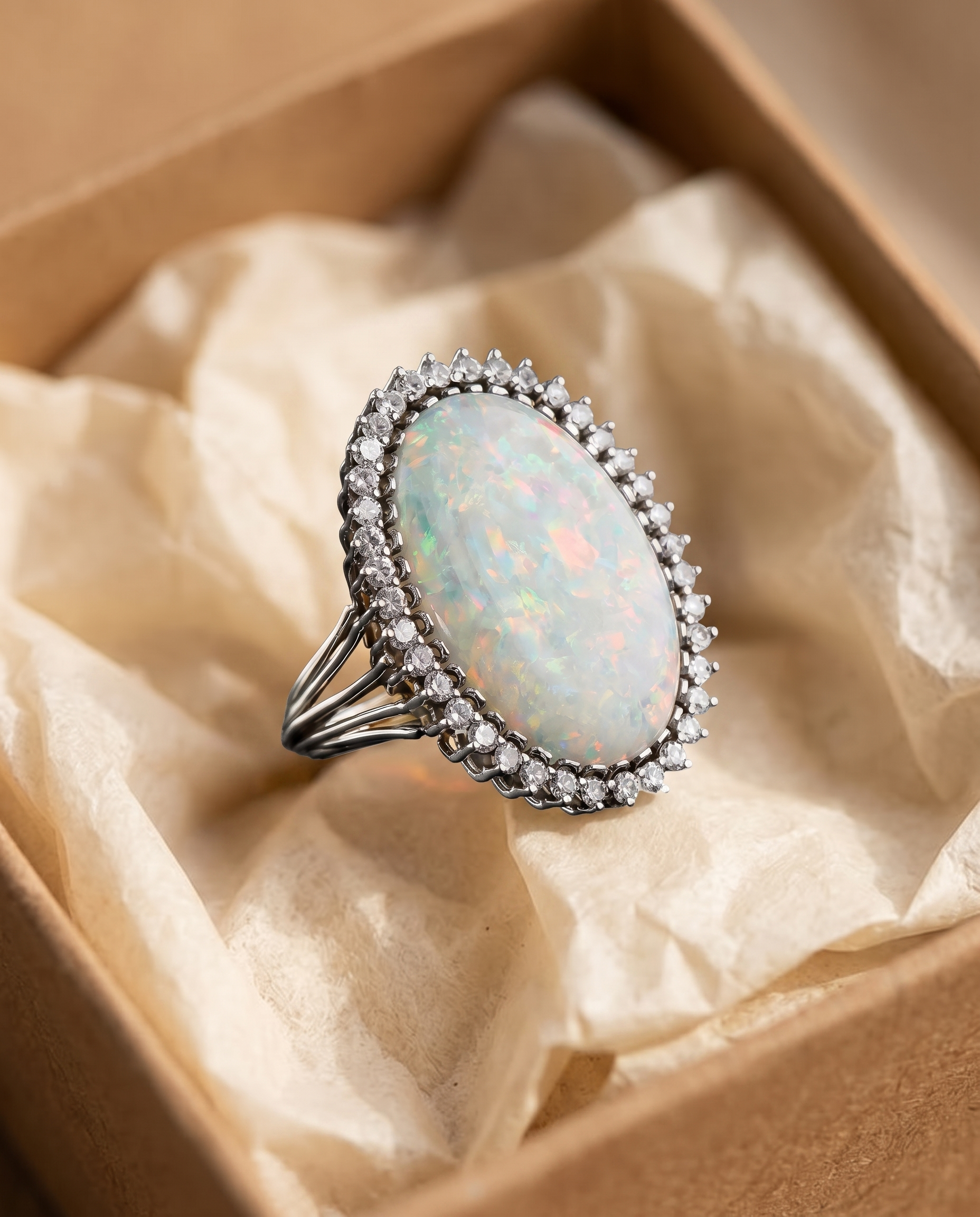 Grand White Opal Halo Ring in a kraft gift box