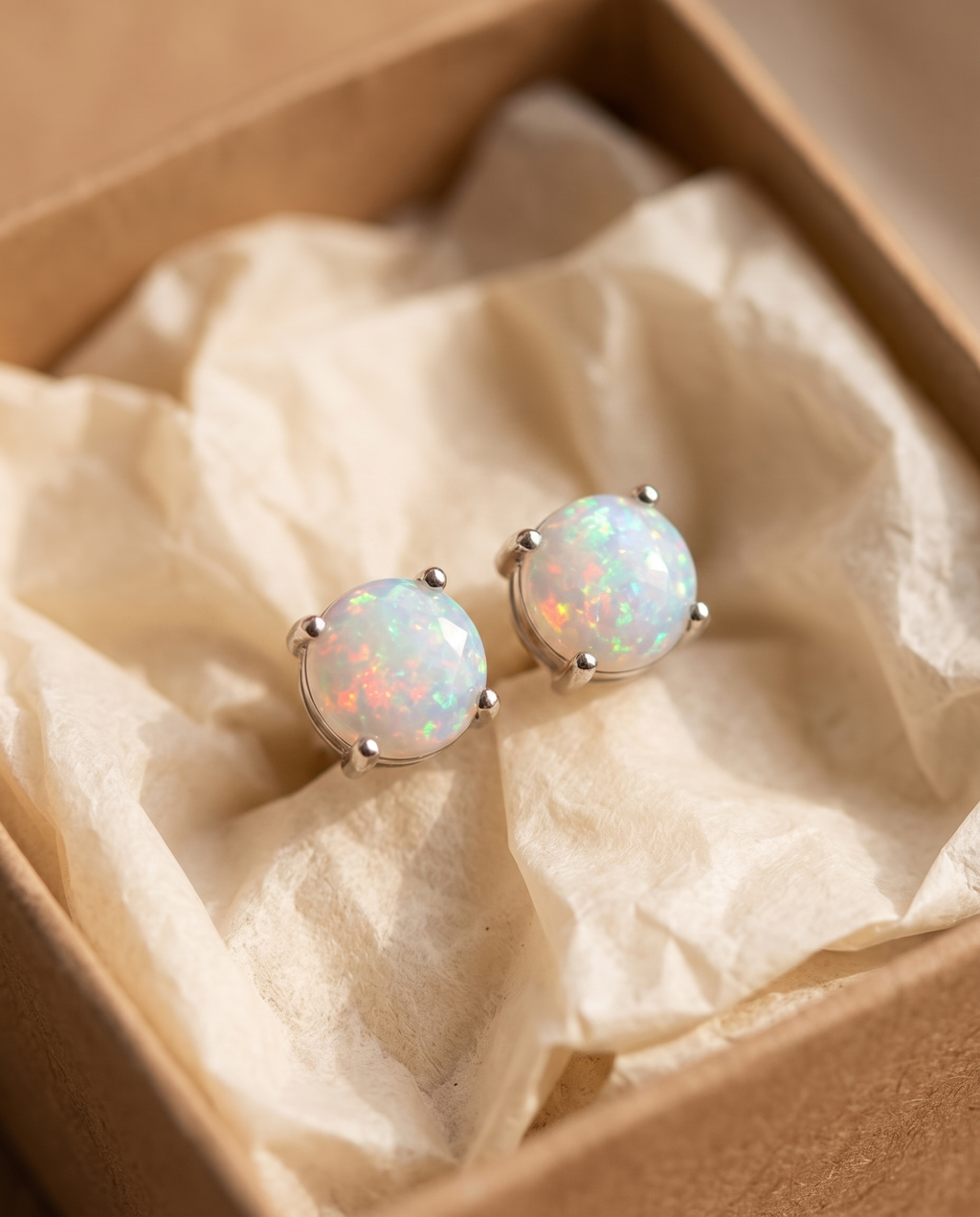 White Opal Silver Stud Earrings in a kraft gift box