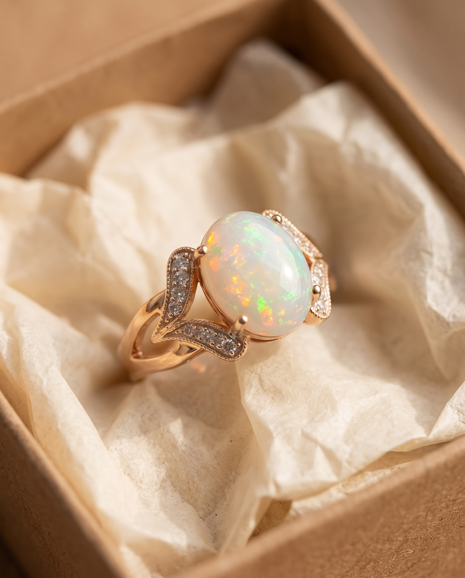 Vintage White Opal Gold Ring in a kraft gift box